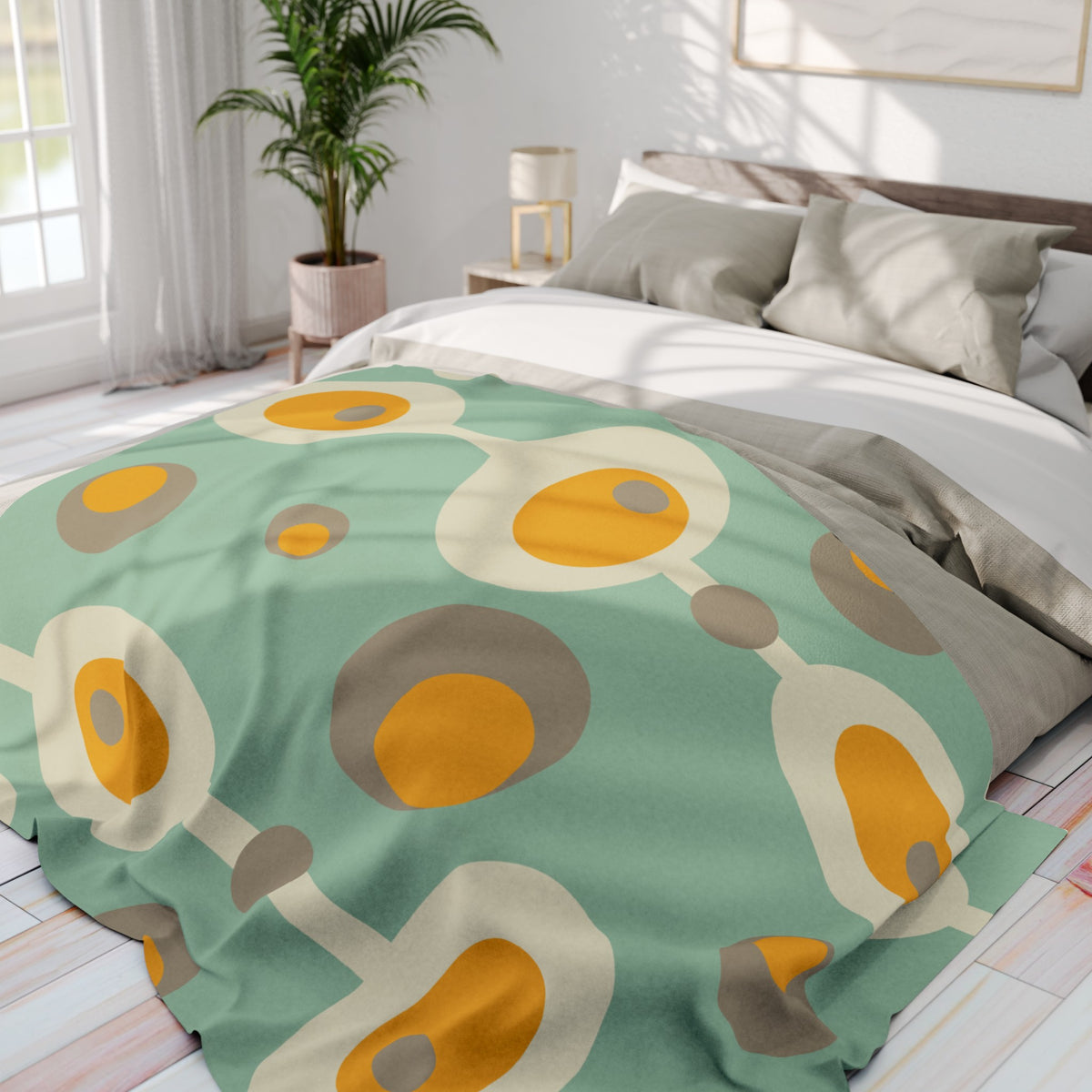 Mid Century Modern Mint Green, Mustard Yellow Mod Orb MCM Lightweight Fleece Blanket - Mid Century Modern Gal