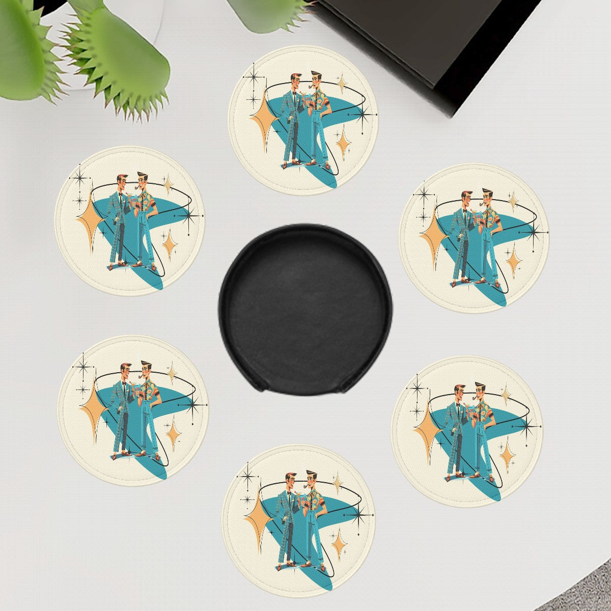 Mid Century Modern Dapper Dudes Mid Century Modern Barware Thick Round Coasters Set of 6 - Mid Century Modern Gal