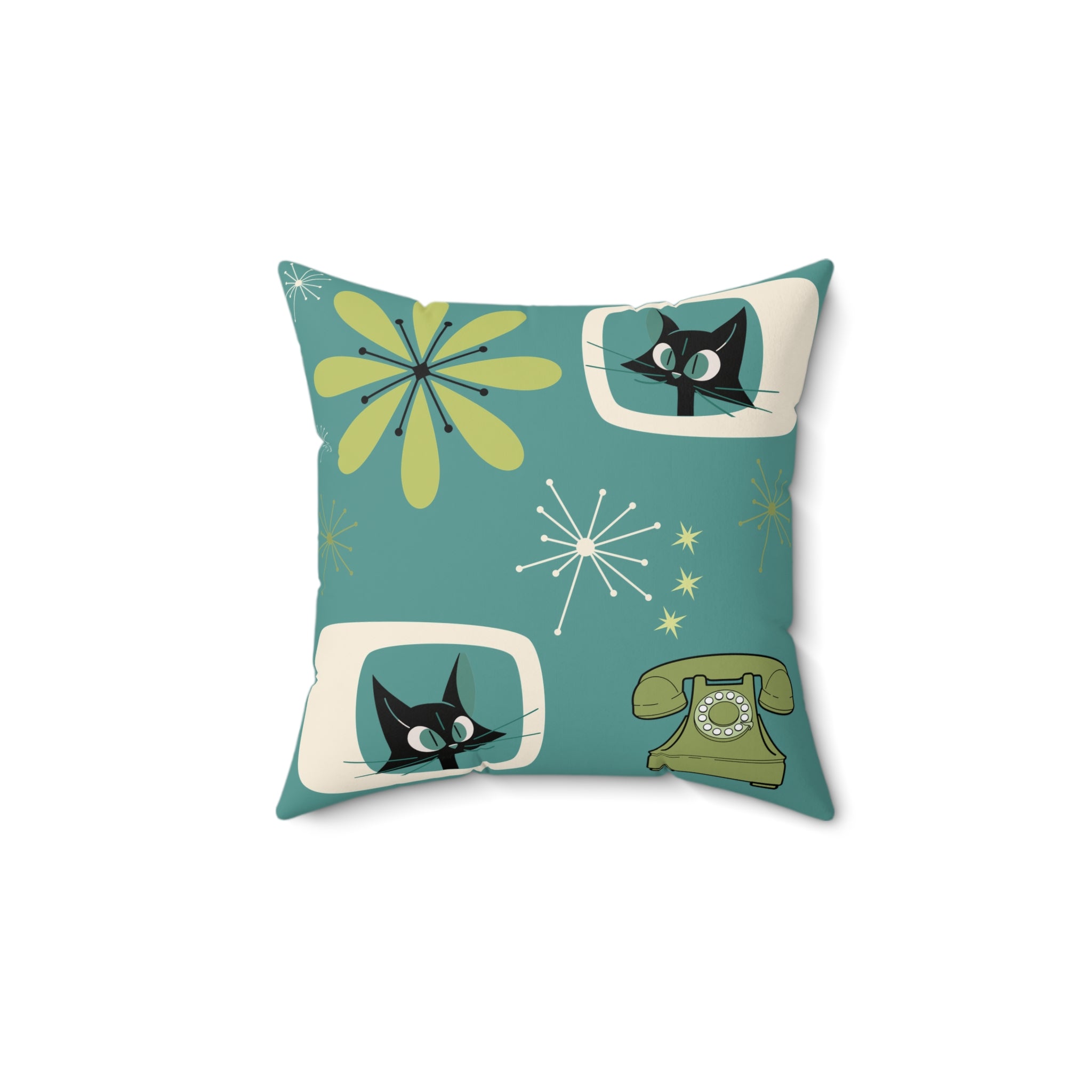 Atomic Space Cat, Teal Mid Century Modern Kitschy Mod Decorative Pillow - Mid Century Modern Gal
