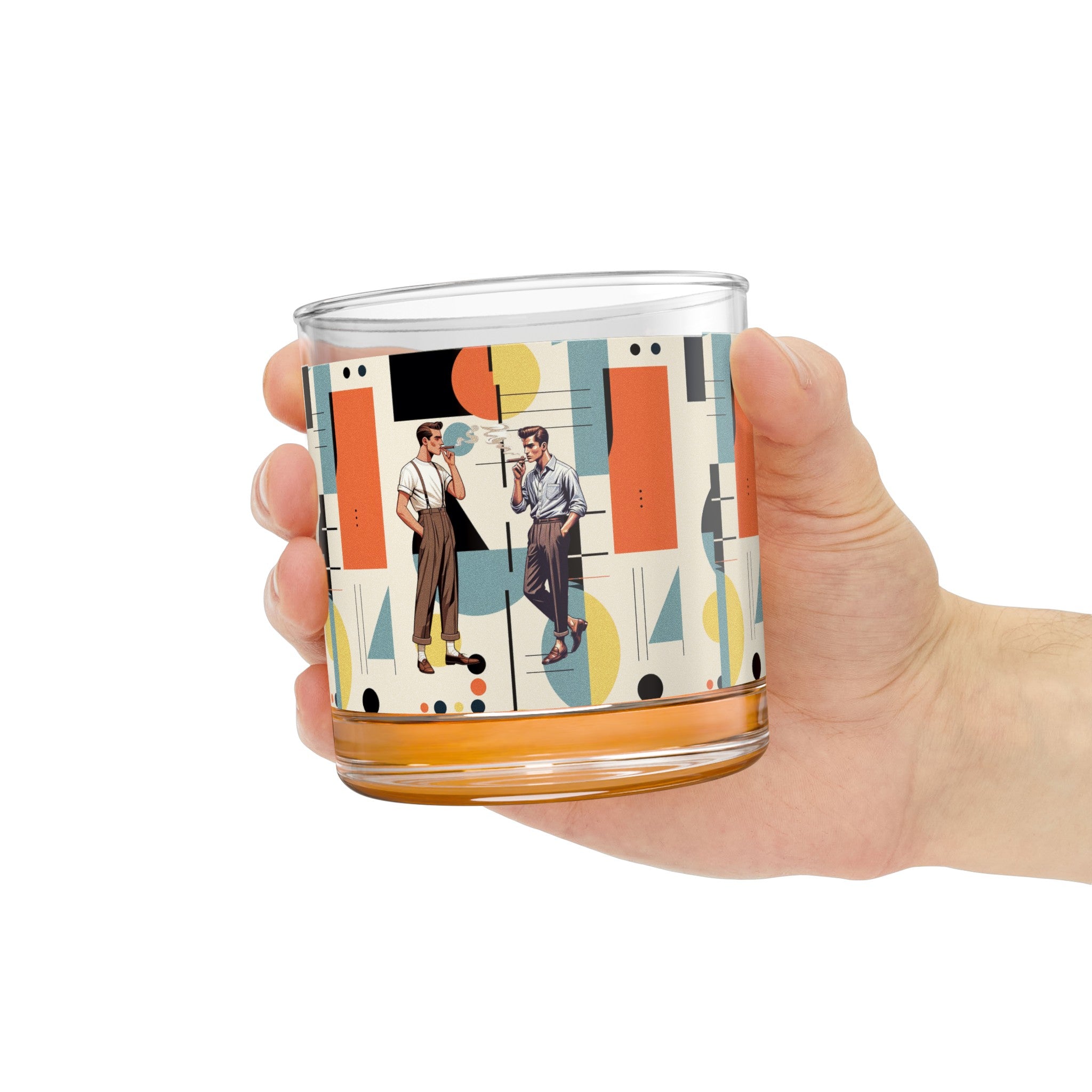 Cigar Smoking Male Couple, Buddies, Bourbon Drinkers Mid Mod Bauhaus Designed Rocks Glass, 10oz - Mid Century Modern Gal