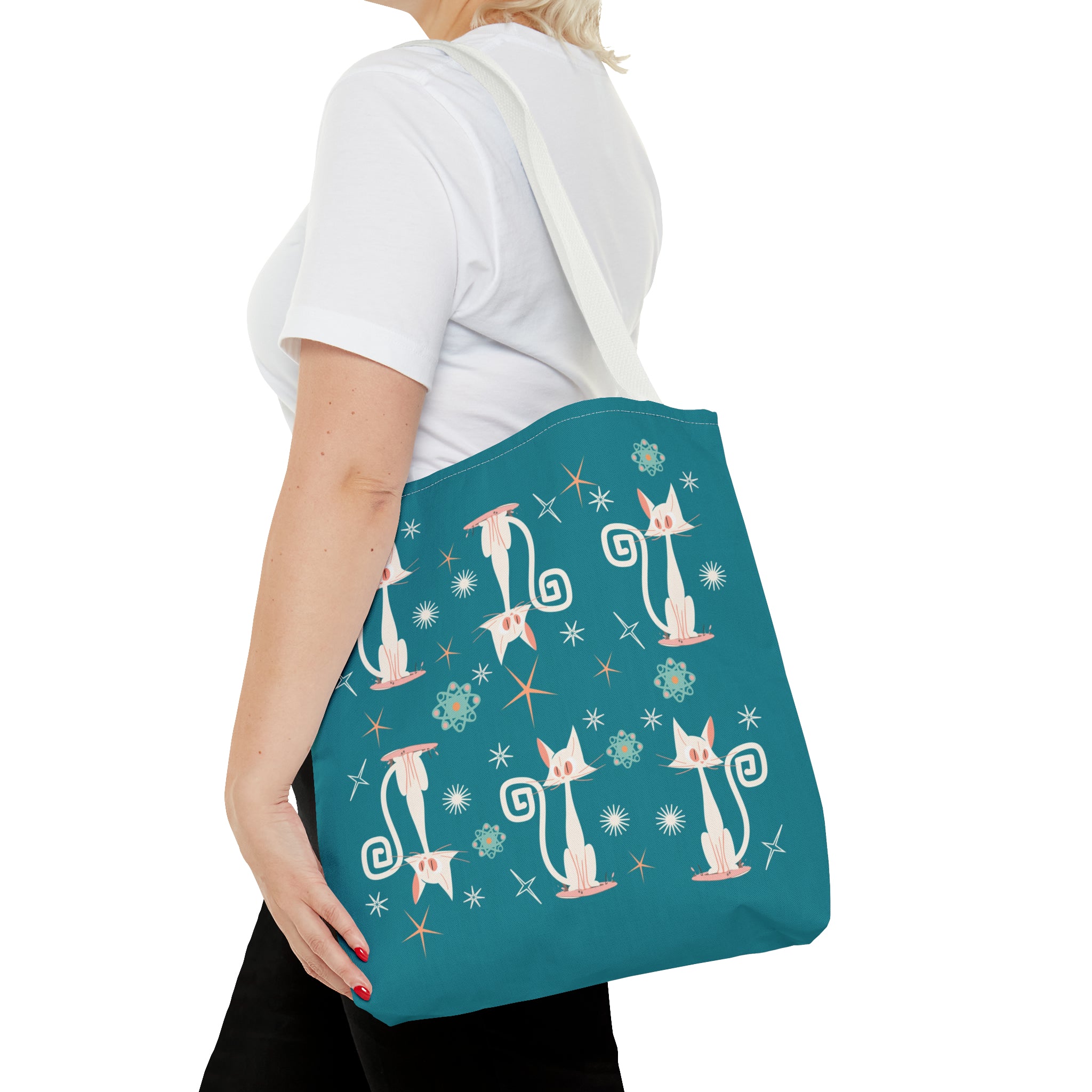 Atomic Kitties, White Kitschy Cats, Coral, Teal, Atomic Age Mid Century Modern Tote Bag - Mid Century Modern Gal