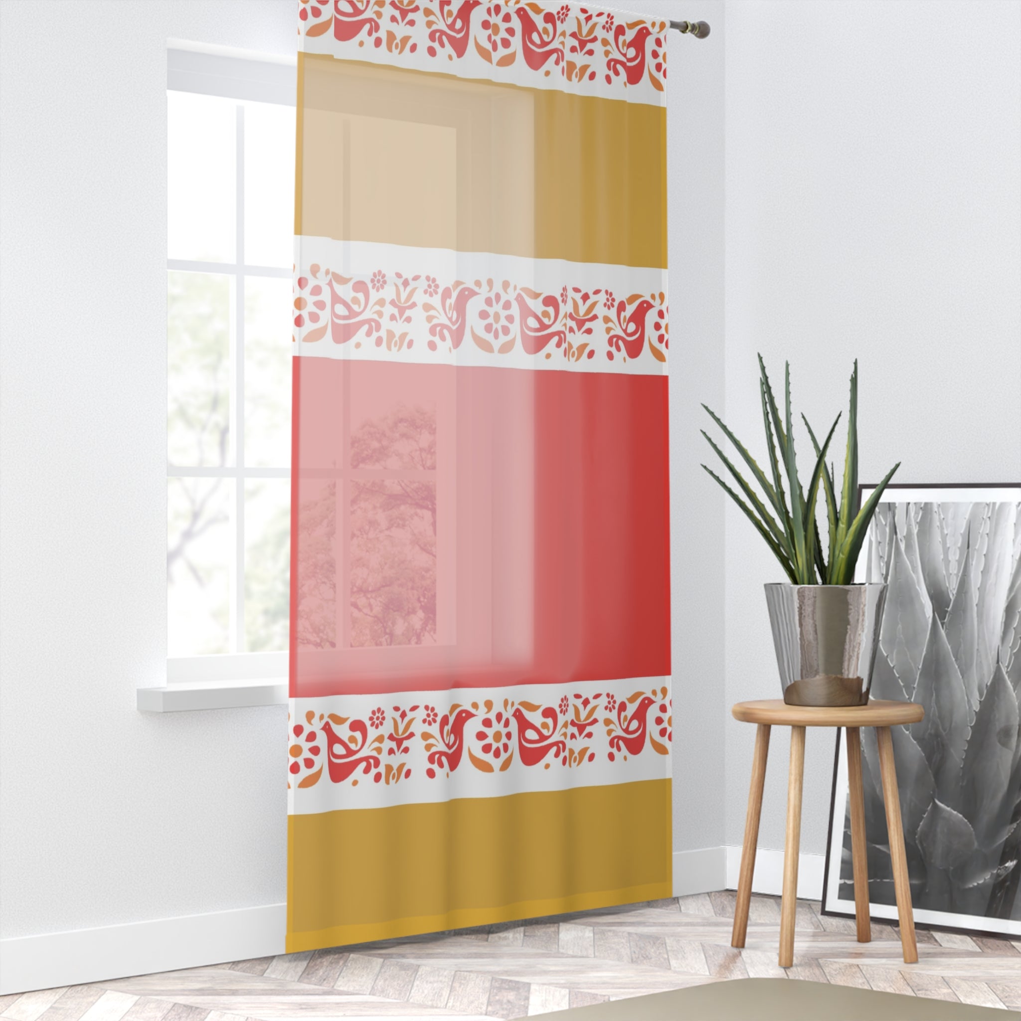 Pyrex Friendship Red, Golden Yellow Boho Floral Window Curtain - Vibrant Red and Gold Design for Cozy Living Spaces - Mid Century Modern Gal