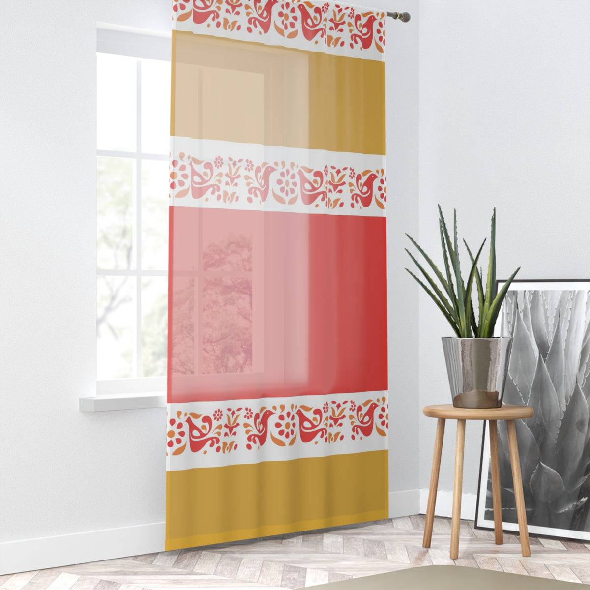 Pyrex Friendship Red, Golden Yellow Boho Floral Window Curtain - Vibrant Red and Gold Design for Cozy Living Spaces - Mid Century Modern Gal