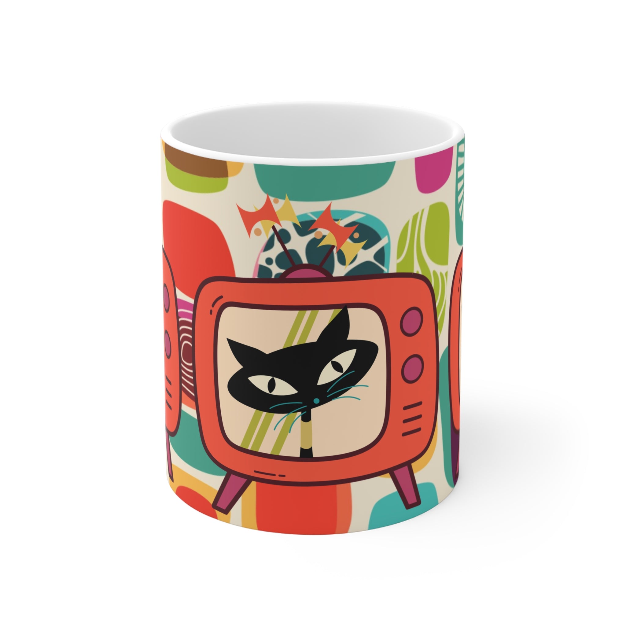 Retro Cat TV Mug, Quirky Coffee Cup for Cat Lovers, Fun Home Decor, Colorful Gift for Birthdays, Housewarming, Pet Owners, Tea Drinkers - Mid Century Modern Gal