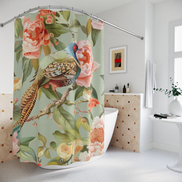 Chinoiserie Designed Shower Curtain Pheasant Floral Garden Botanicals Shower Curtain