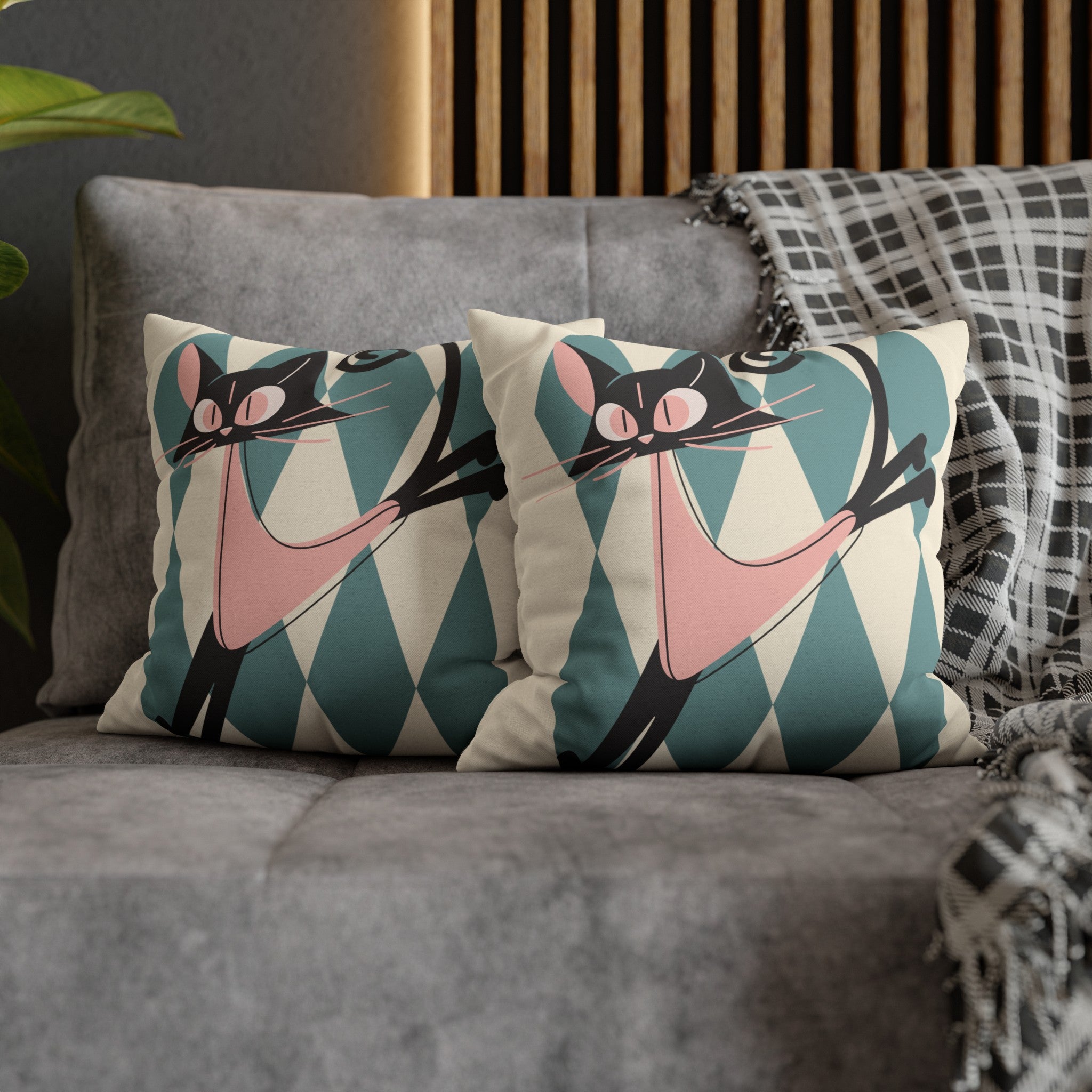 Atomic Kittie, Boomerang Mid Mod Atomic Cat, Harlequin Diamond Kitschy Pillow Cover - Mid Century Modern Gal