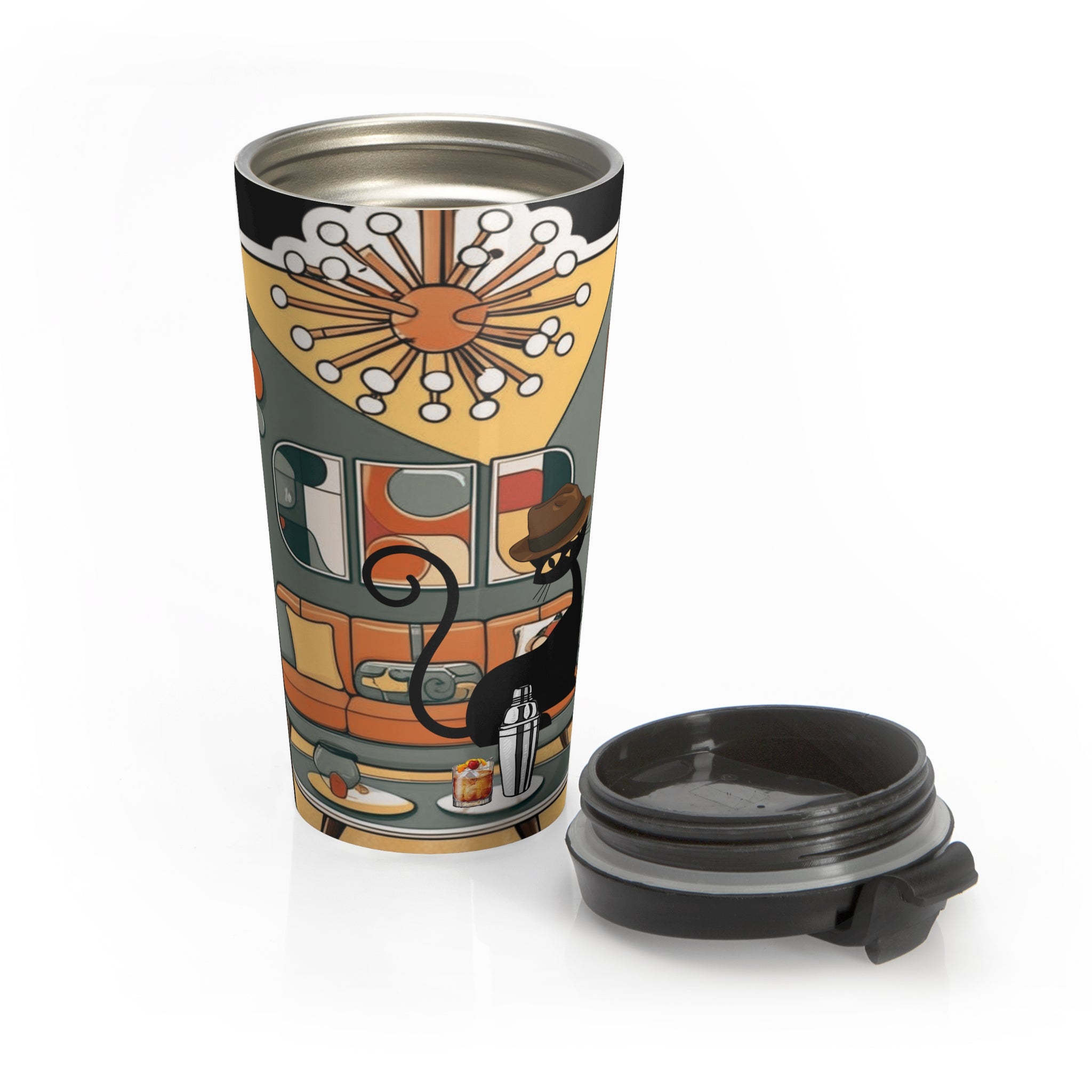 Mid-Century Modern Atomic Cat, Retro Stainless Steel Travel Mug - Stylish Coffee Cup for Home and Office - Mid Century Modern Gal