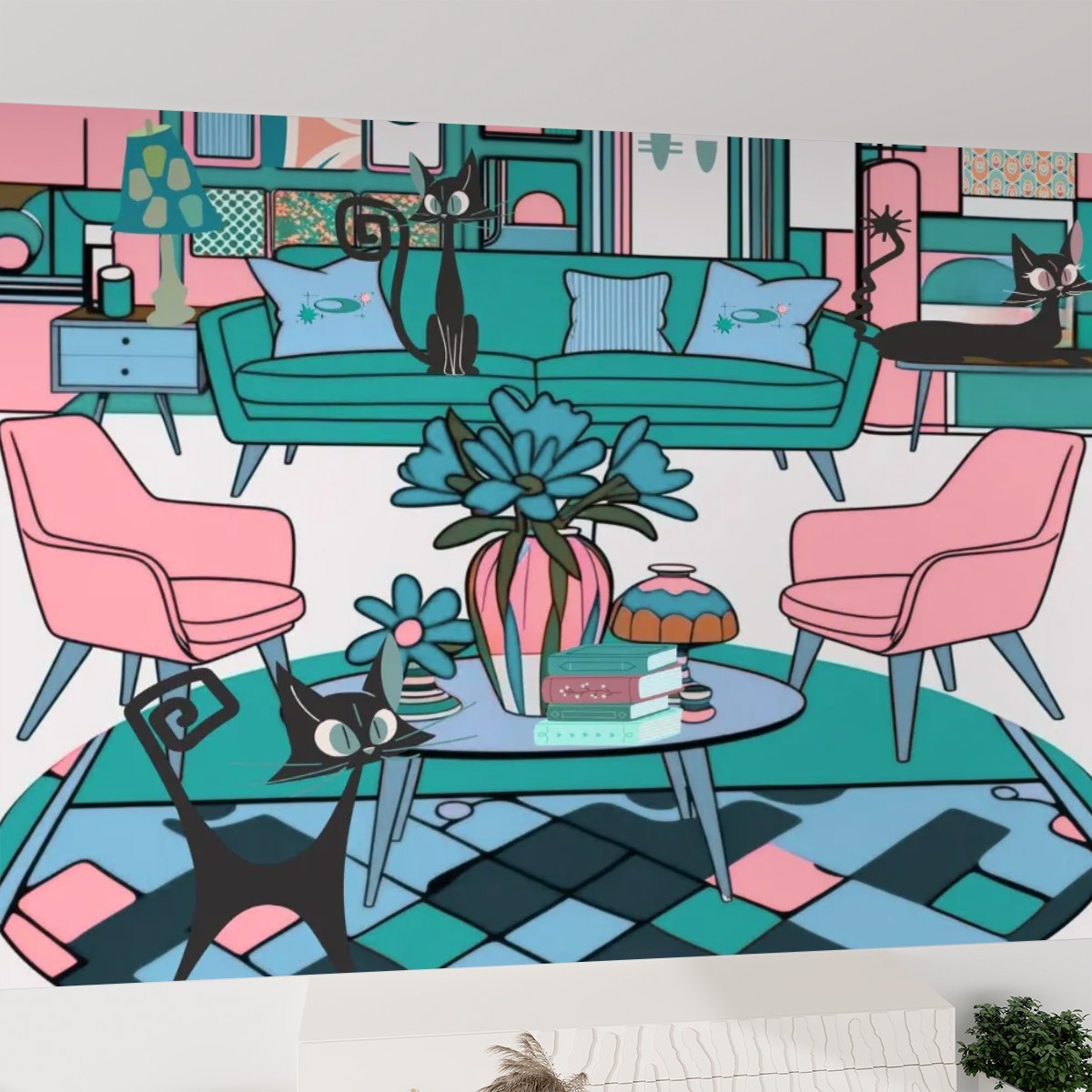 Atomic Cat Lounge Mid Century Modern Pink Teal Kitschy Mod Canvas Self Adhesive Wallpaper - Mid Century Modern Gal
