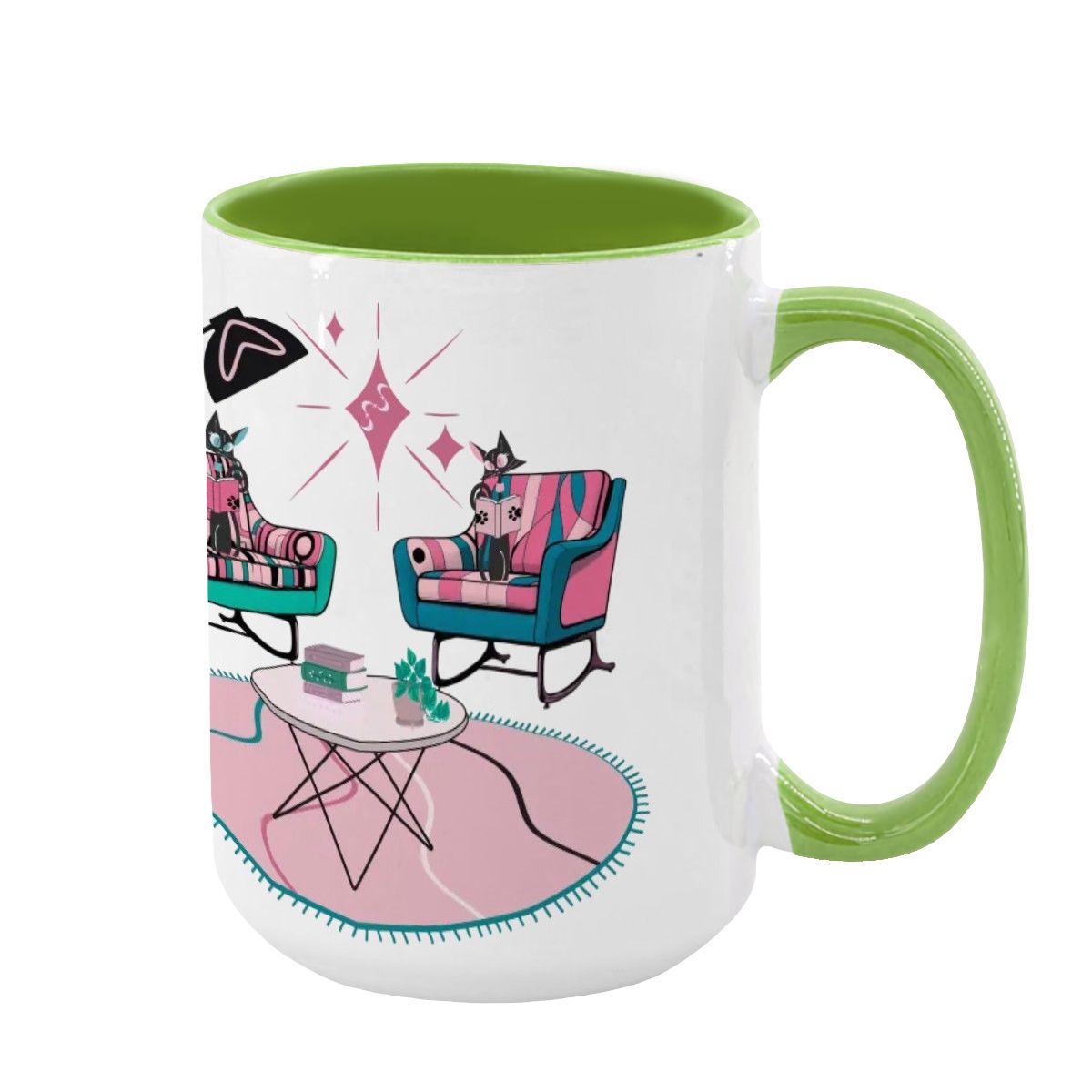 Atomic Reading Cats, Kitschy Mid Century Modern Large Colorful Mug (15oz) - Mid Century Modern Gal