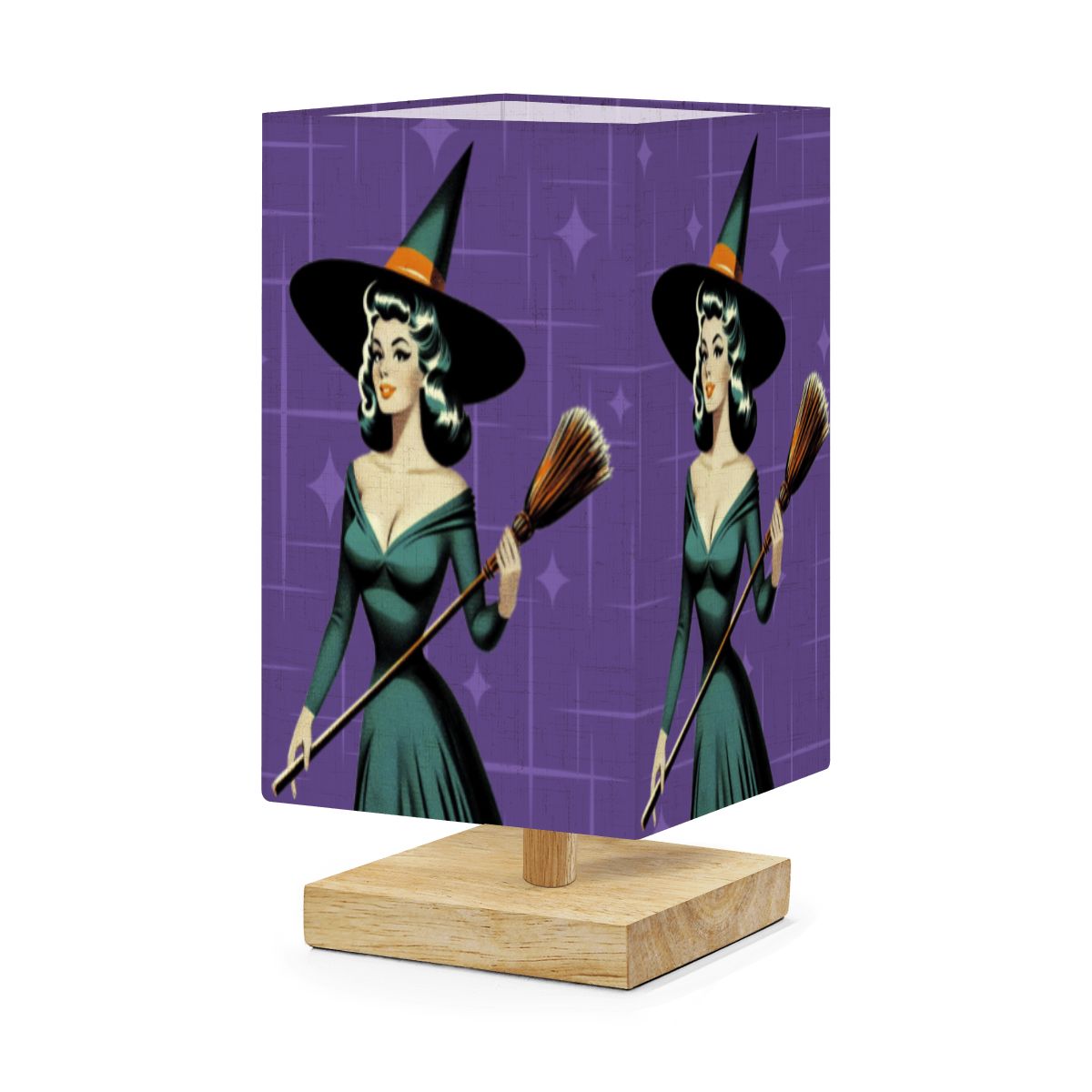 Mid Century Modern Vintage Pin Up Witch Purple Teal Halloween Square Table Lamp - Mid Century Modern Gal