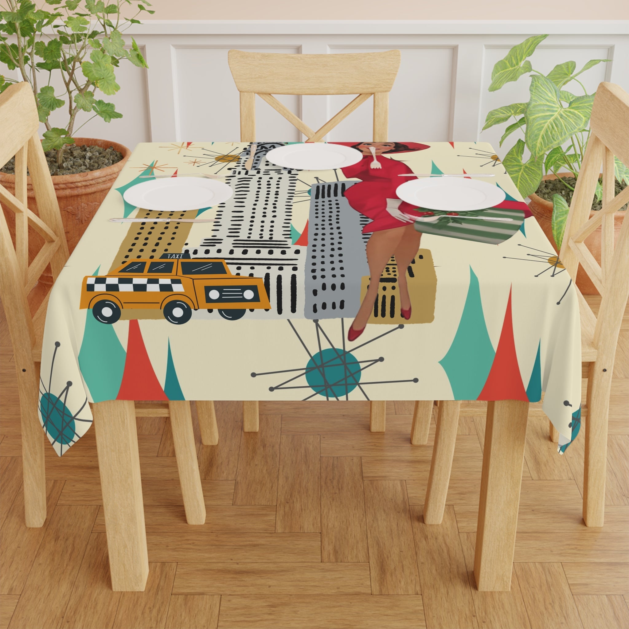 Mid Century Modern Christmas Retro Chic Tablecloth with Vintage New York Design - Mid Century Modern Gal