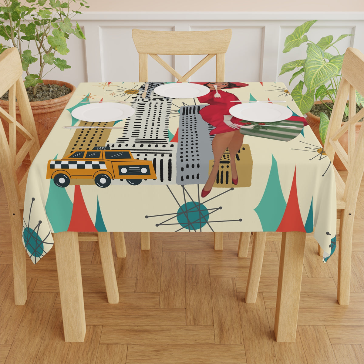 Mid Century Modern Christmas Retro Chic Tablecloth with Vintage New York Design - Mid Century Modern Gal