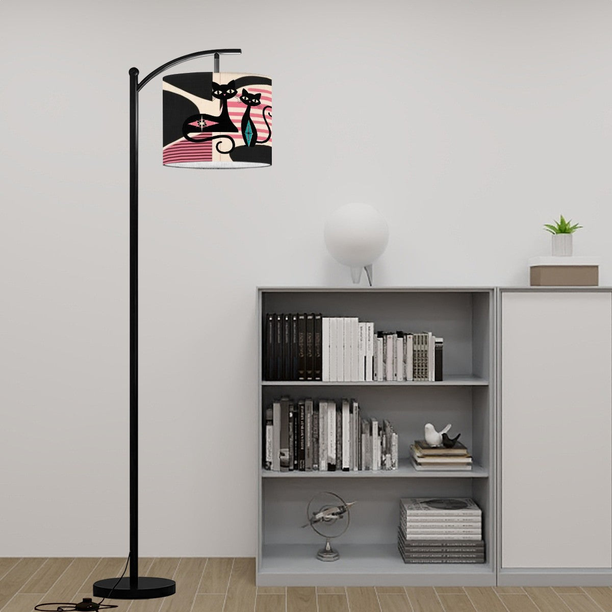 Atomic Cat Mid ModArc Floor Lamp, Pink, Black Cream Retro MCM Design - Mid Century Modern Gal