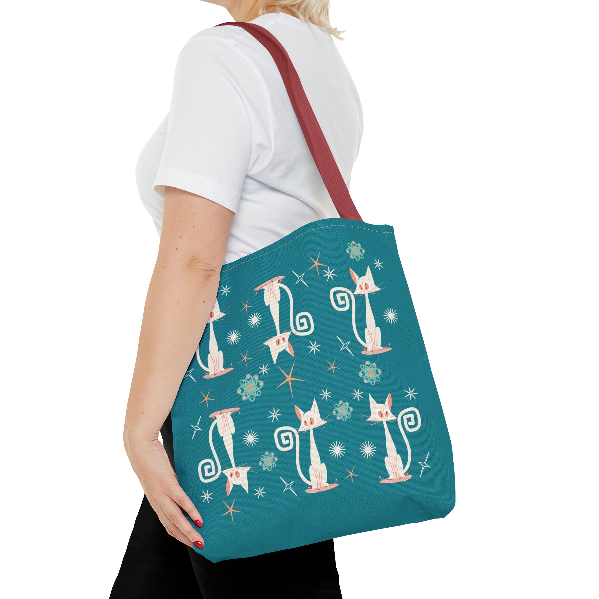 Atomic Kitties, White Kitschy Cats, Coral, Teal, Atomic Age Mid Century Modern Tote Bag - Mid Century Modern Gal