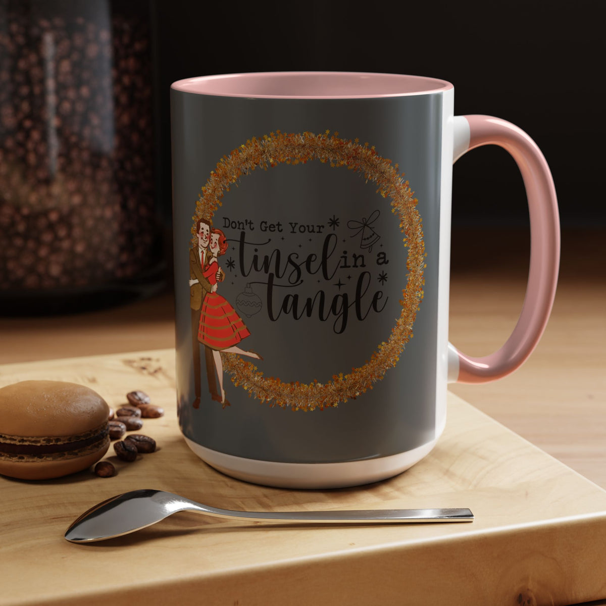 Vintage 50s kitschy Christmas mug featuring a playful design with the phrase "Don't Get Your Tinsel In A Tangle" and festive graphics.