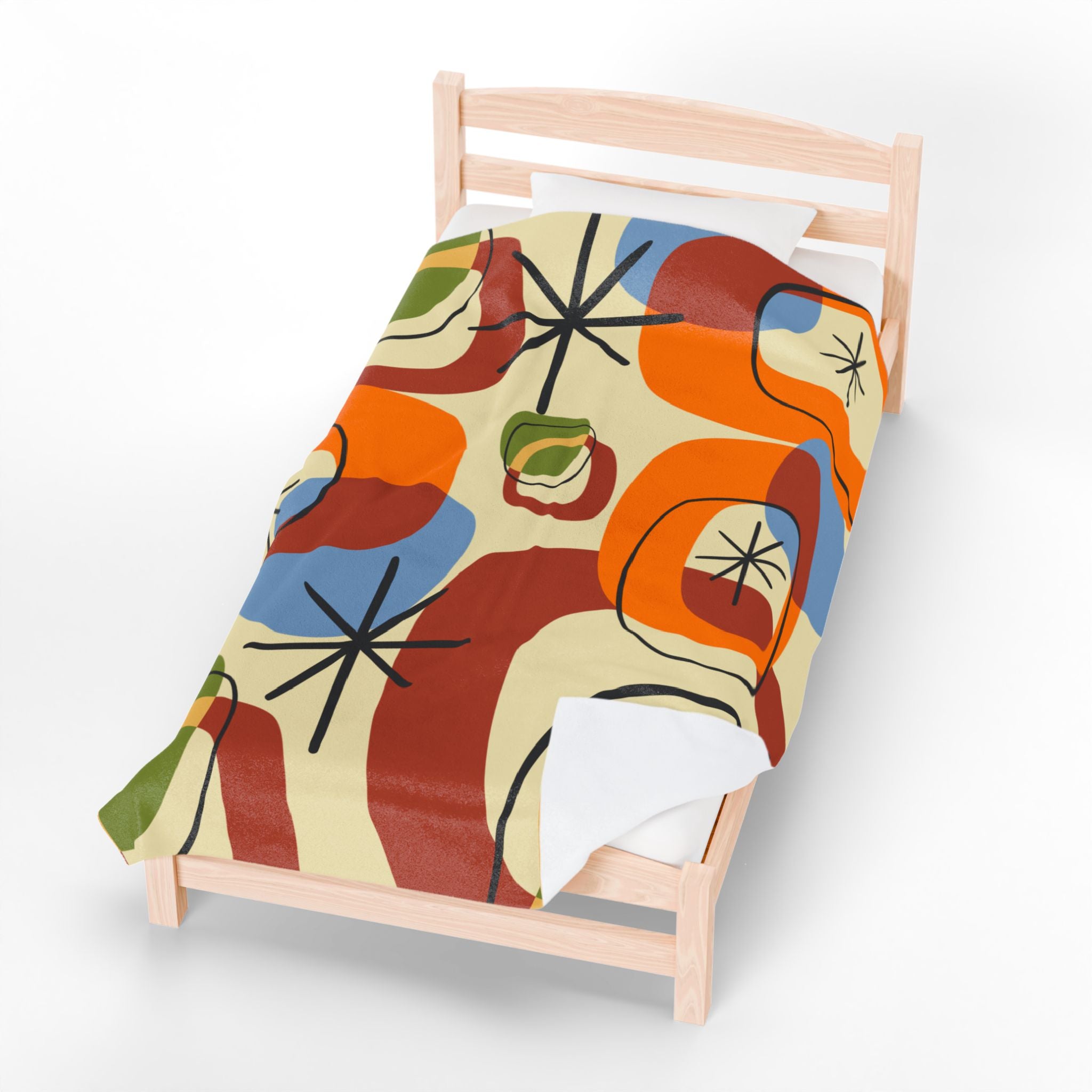 Retro Geo Pattern THIN Cozy, Warm Mid Century Modern Groovy Green, Orange, Blue, Black, Light Beige Background Velveteen Plush Blanket - Mid Century Modern Gal