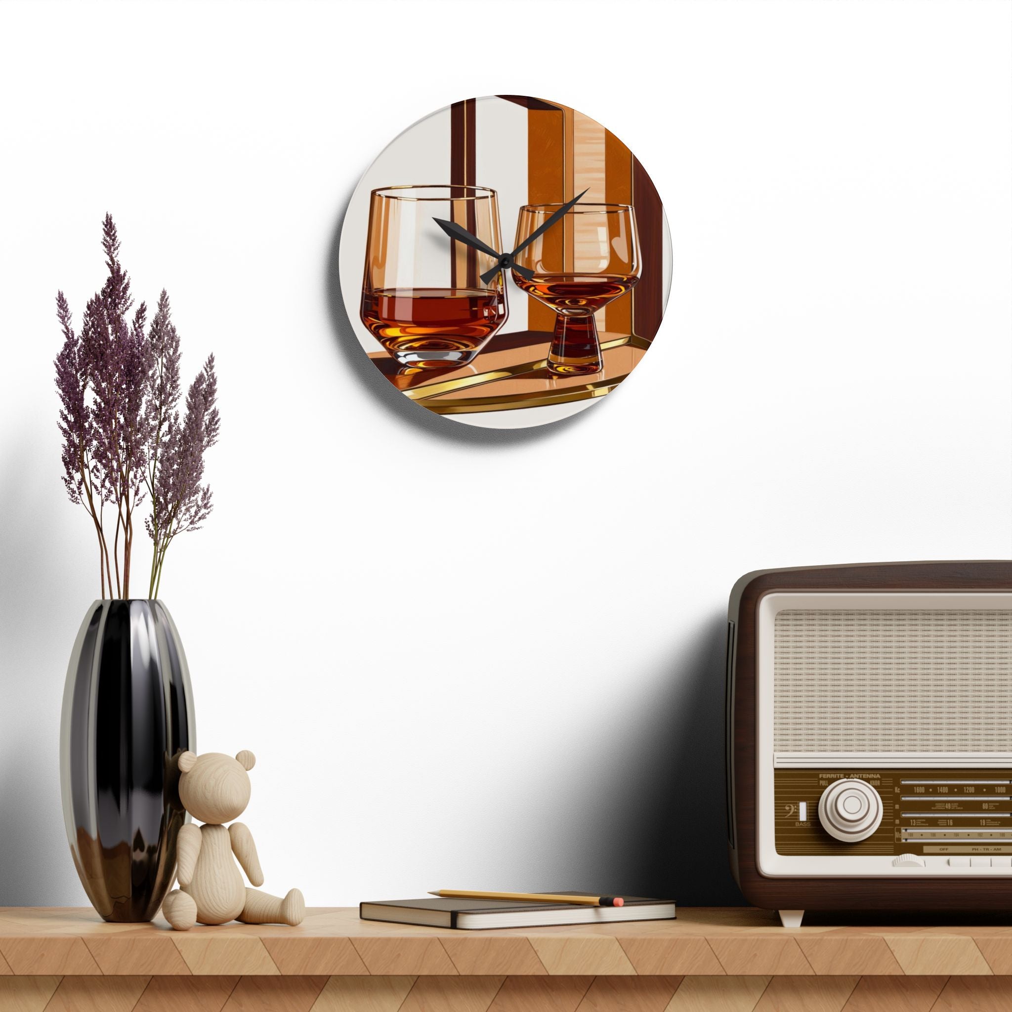 Bourbon Whiskey Glasses Art Mid Century Modern Barware Acrylic Wall Clock - Stylish Home Décor - Mid Century Modern Gal