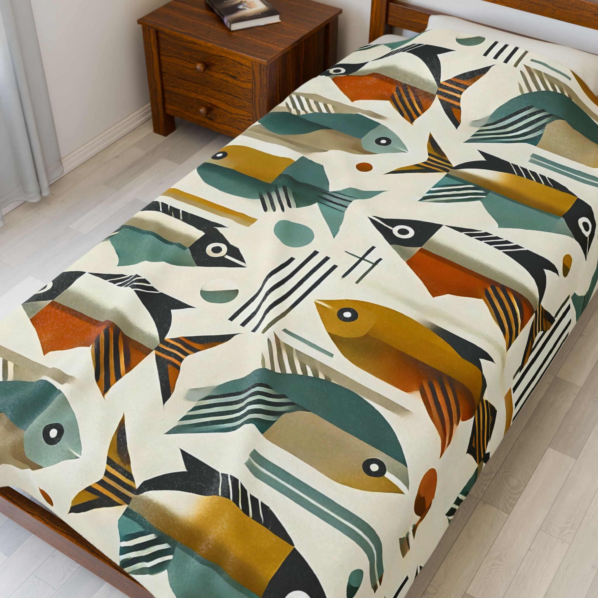 Mid Century Modern Bauhaus Colorful Fish Pattern Plush Blanket for Cozy Living Spaces - Mid Century Modern Gal