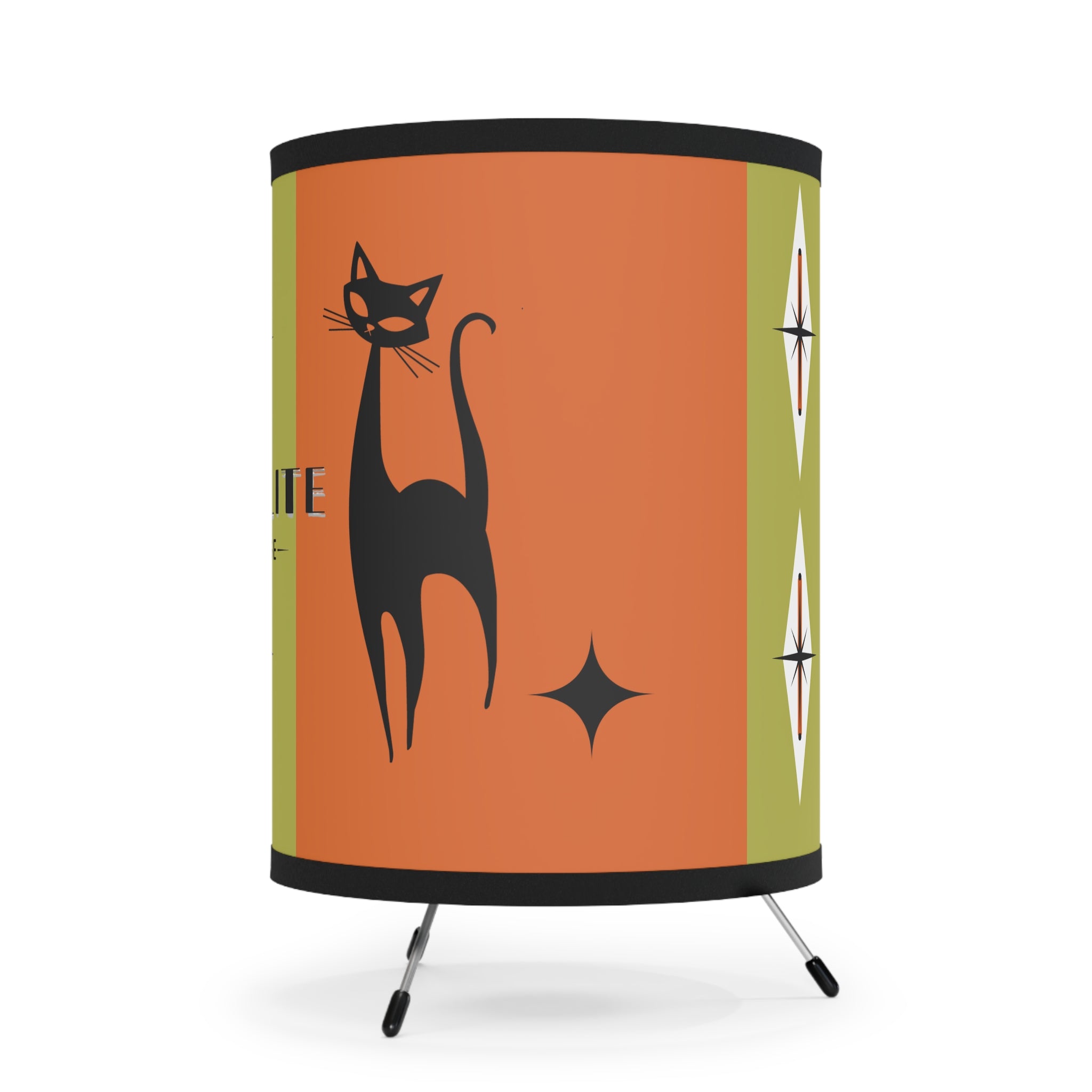 Mid-Century Modern Tripod Lamp For Home Bar, Orange Green Starburst with Cat Design - Starlite Lounge - Mid Century Modern Gal
