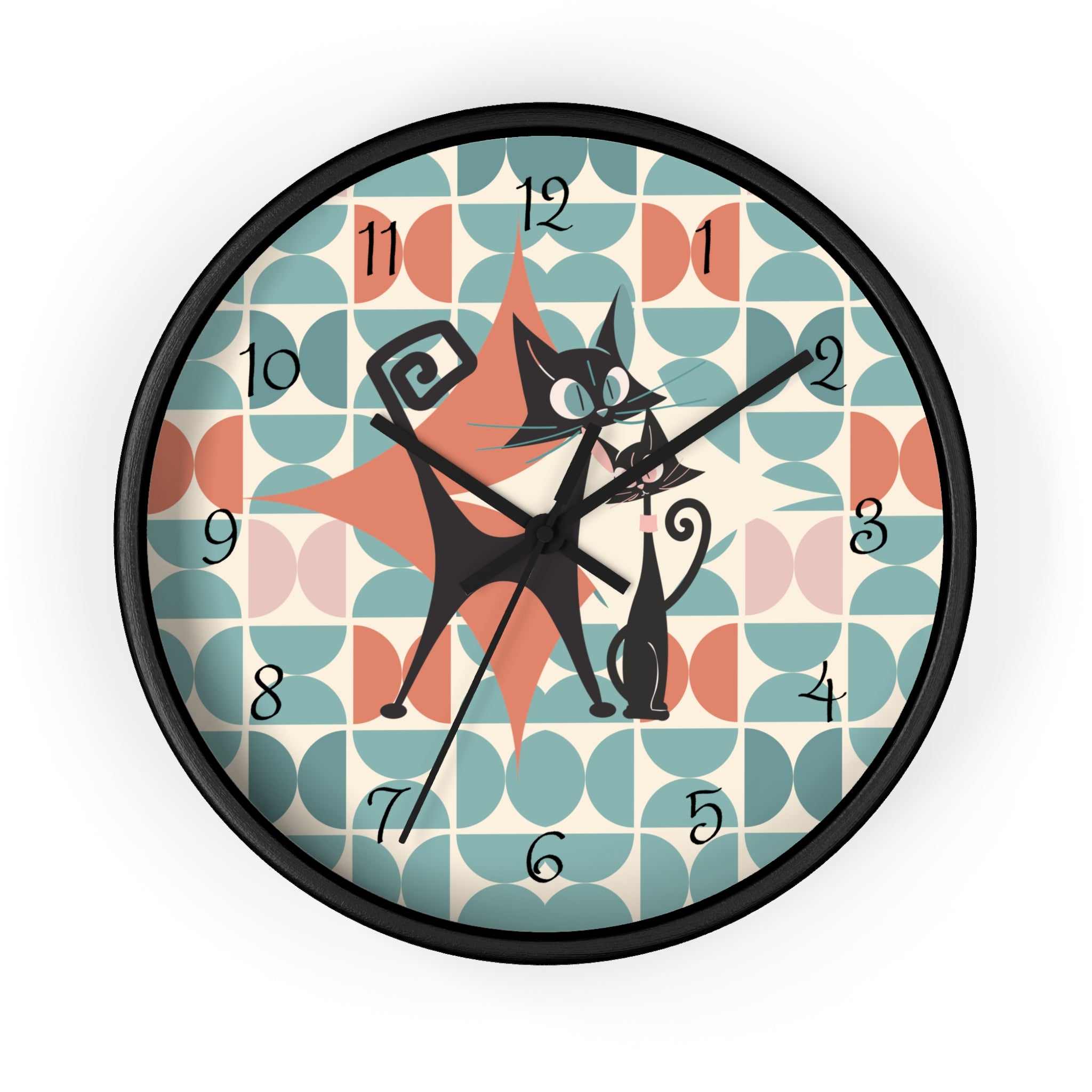 Kitchen Clock, Atomic Cat Retro Mid Century Modern Style With Scandinavian Designed Geometric Shapes, 50s Wall Clock For Cat Lovers - Mid Century Modern Gal