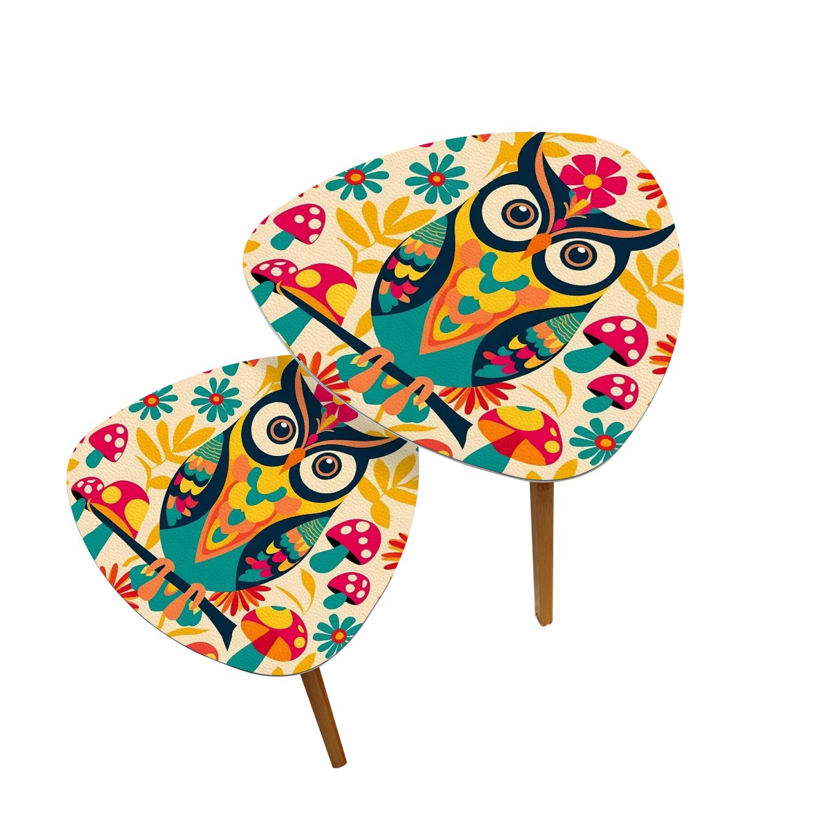 Hippie 70s Retro Owl, Mushoom Flower Power Mid Century Modern Nesting Tables - Mid Century Modern Gal