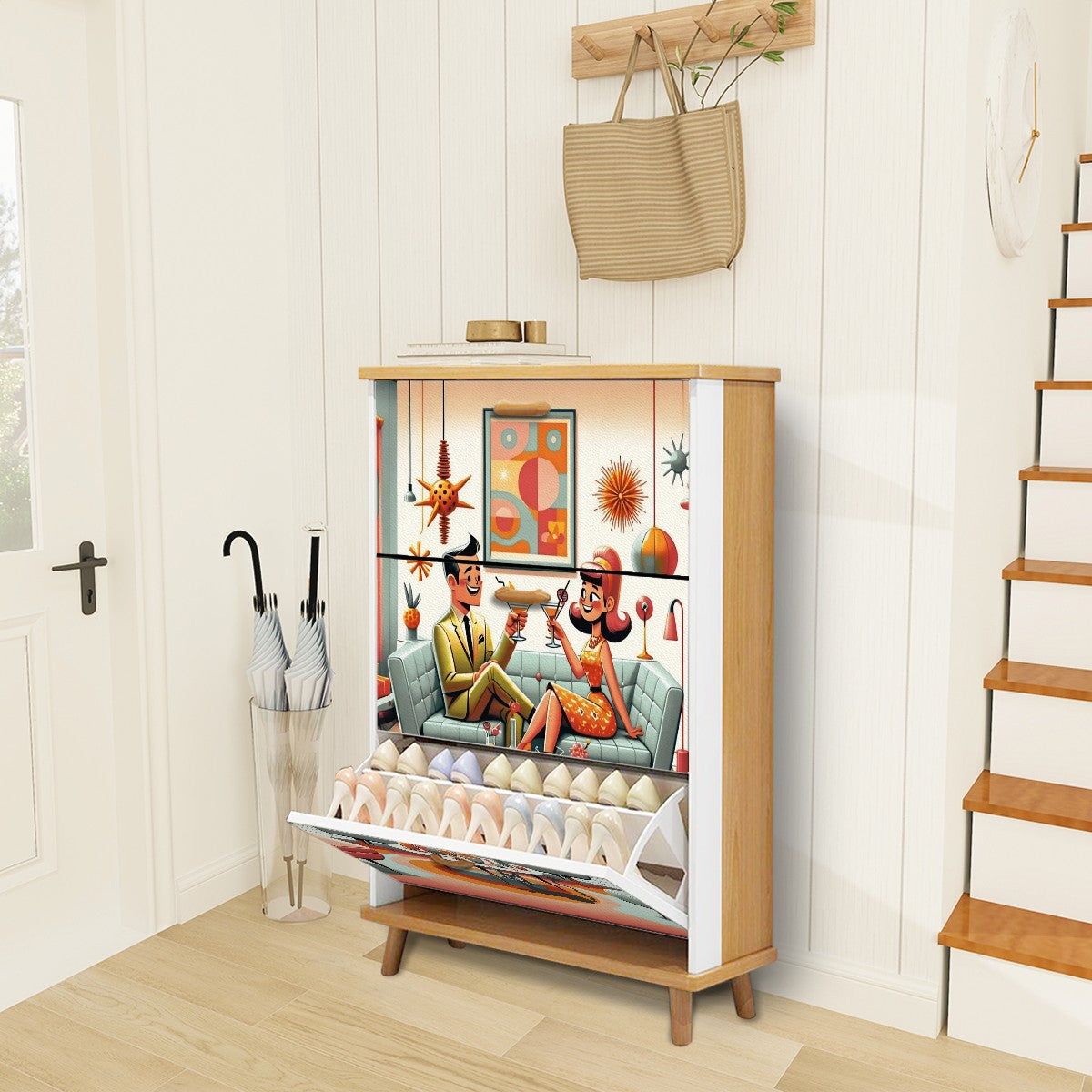 Mid Century Modern Shoe Storage, Kitschy Mod Designed Shoe Cabinet - Mid Century Modern Gal