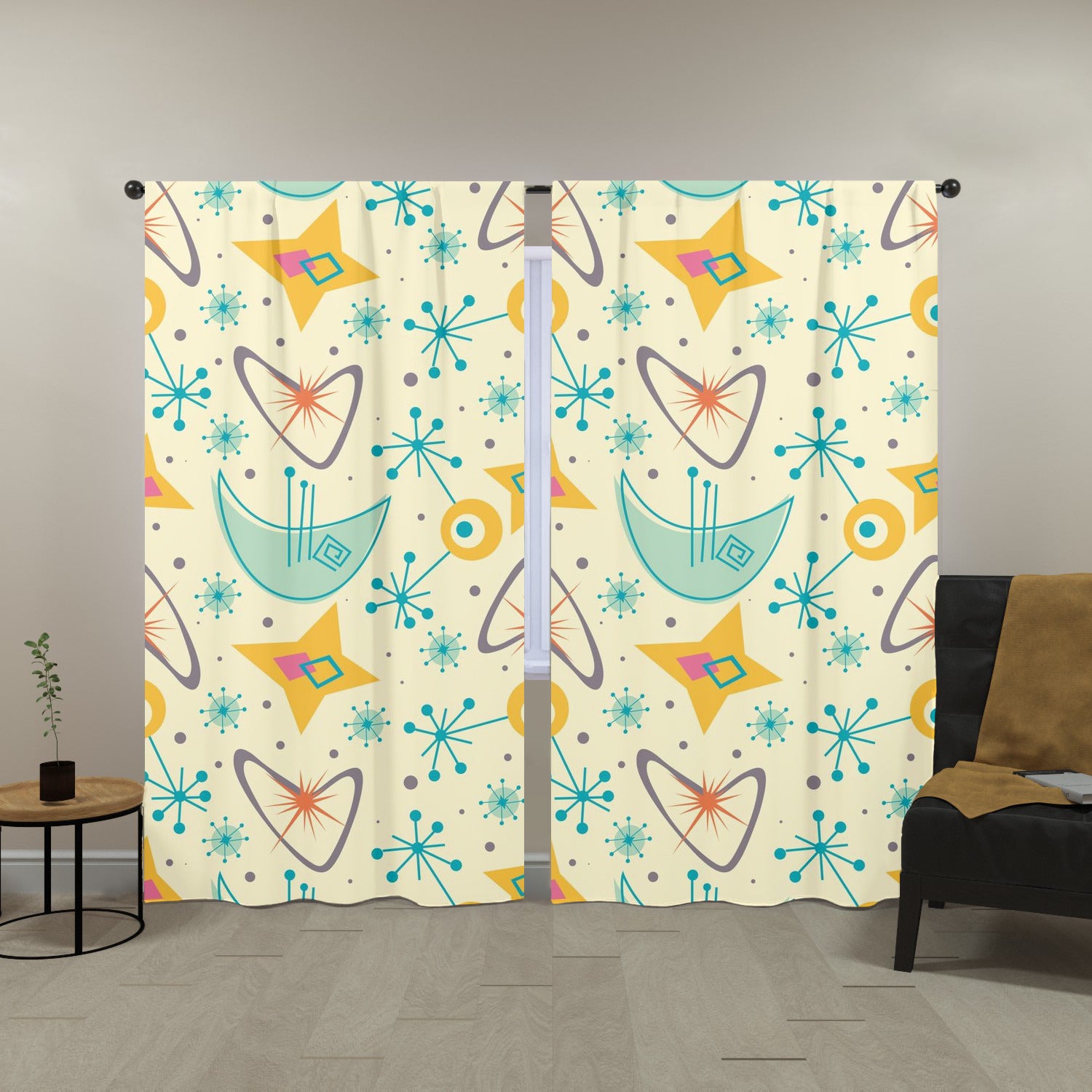 Mid Century Modern Atomic Boomerang, Retro Starburst Window Curtains (two panels) - Mid Century Modern Gal