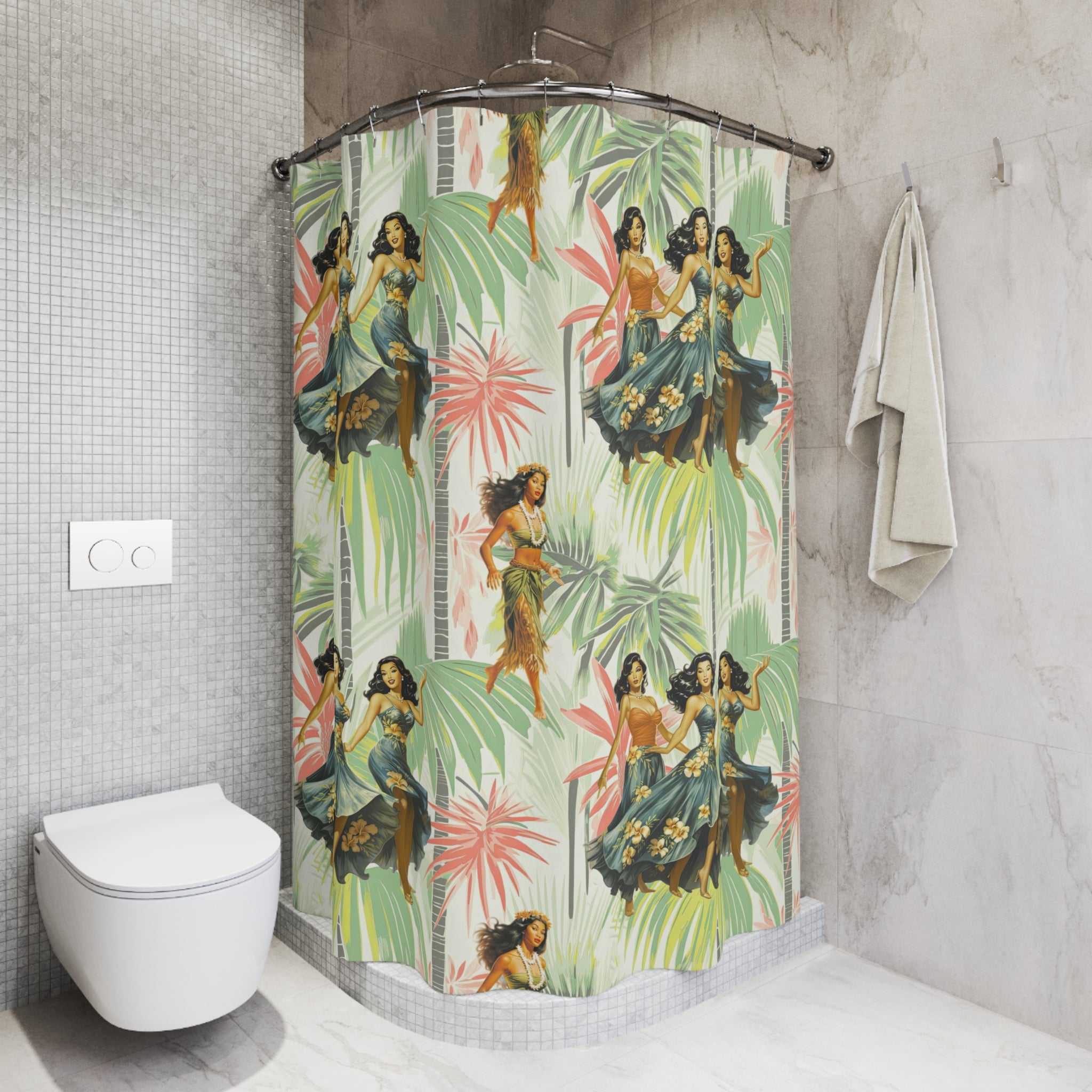 Vintage 1950’s, 60s Hawaiian Polynesian Dancers Mid Century Modern Style Shower Curtain - Mid Century Modern Gal