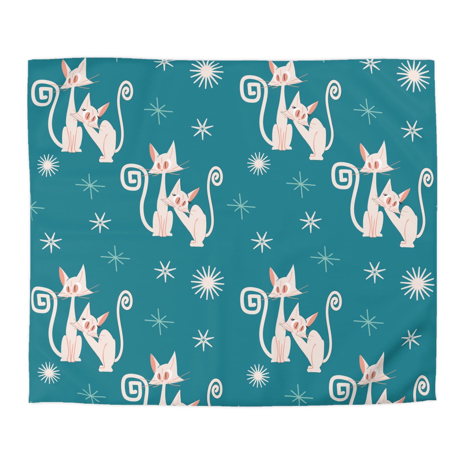 Mid Century Modern Atomic Kitty Cats, Teal, Starburst, MCM Microfiber Duvet Cover - Mid Century Modern Gal