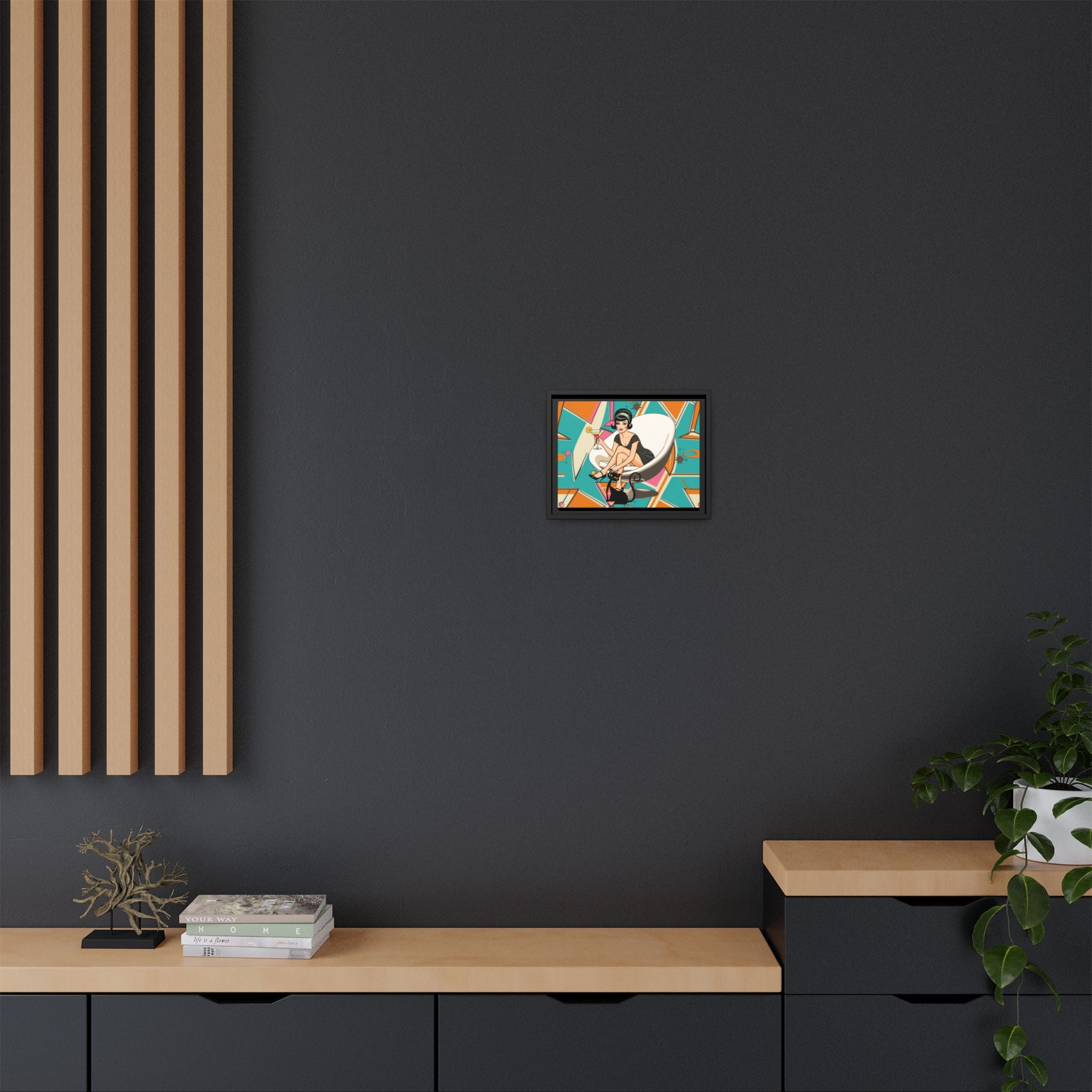 Mid Mod 60s Gal, Atomic Cat Barware Wall Art - Framed Matte Canvas with Vintage Cocktail And Retro Cat Design - Mid Century Modern Gal