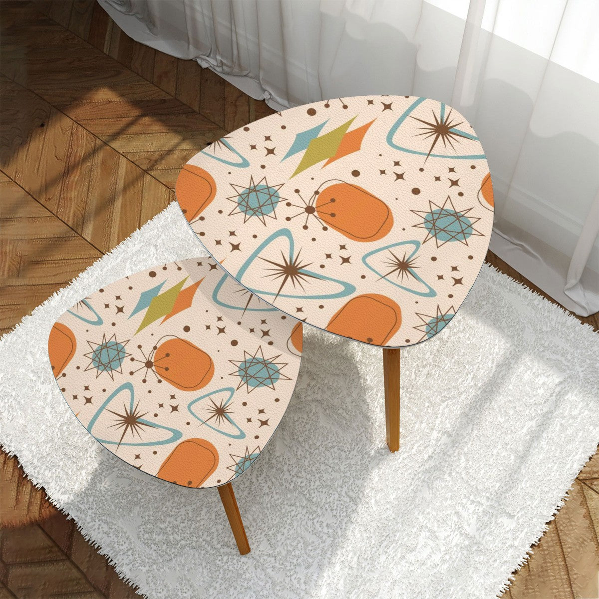 Mid Century Modern Nesting Tables, Atomic Boomerang, Starbursts Orange Blue Designed - Mid Century Modern Gal