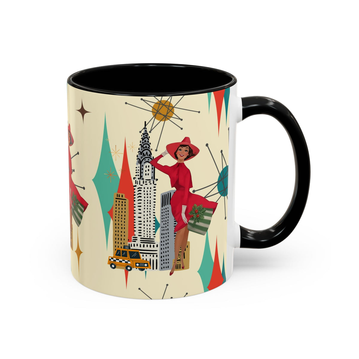 Mid Century Modern Kitschy Christmas Gal, Franciscan Starburst Diamond Retro Chic Accent Coffee Mug - Vintage Cityscape Design - Mid Century Modern Gal