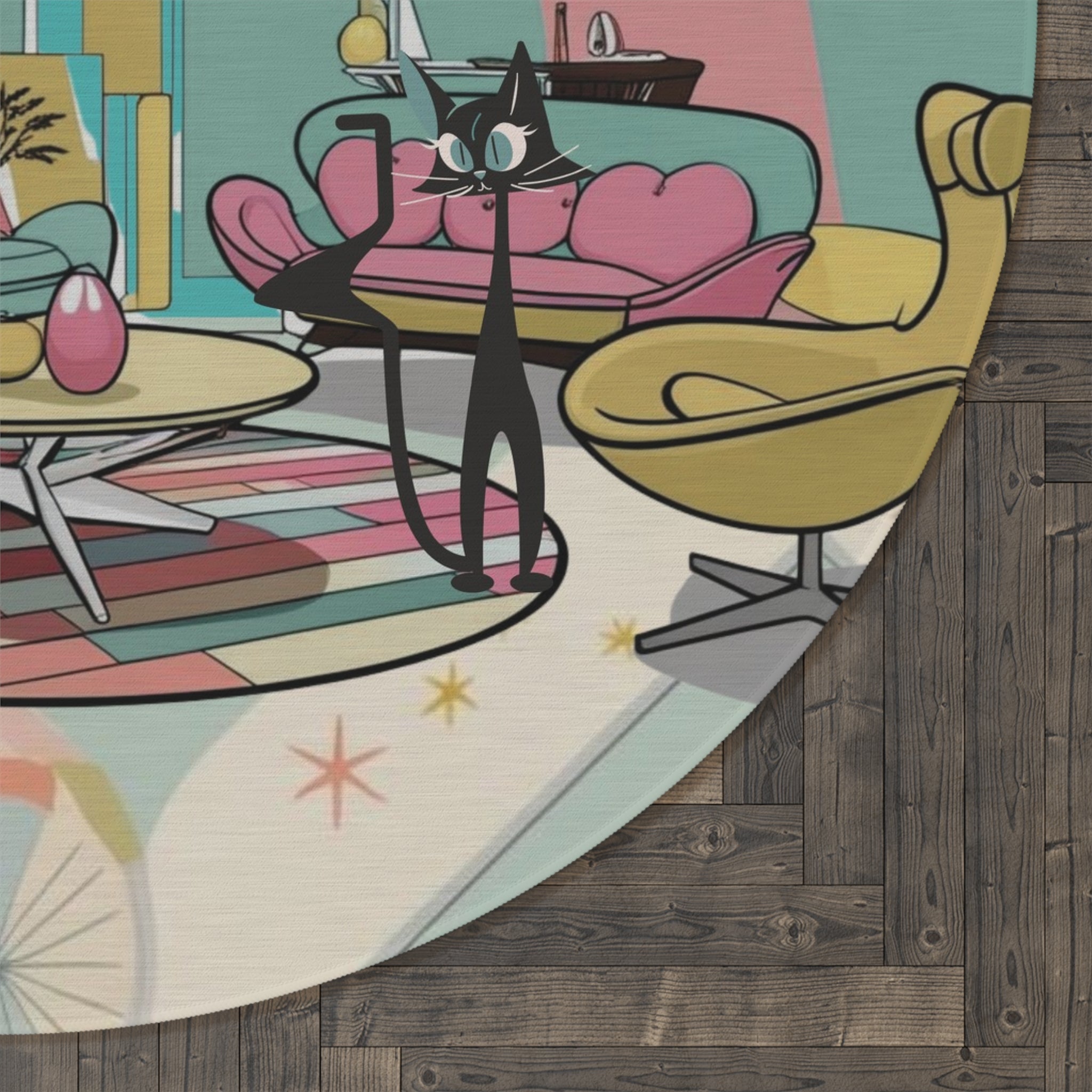 Atomic Cats, Quirky Fun Kitschy Mod Mid-Century Modern Round Rug - Stylish Living Room Decor - Mid Century Modern Gal
