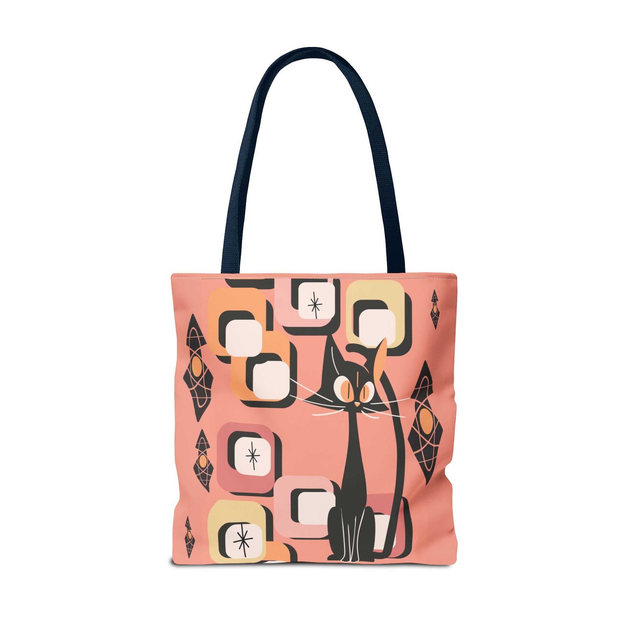 Atomic Cat Tote Bag, Coral Color, Mid Century Modern Geometric Designs, Mid Mod Retro Apparel