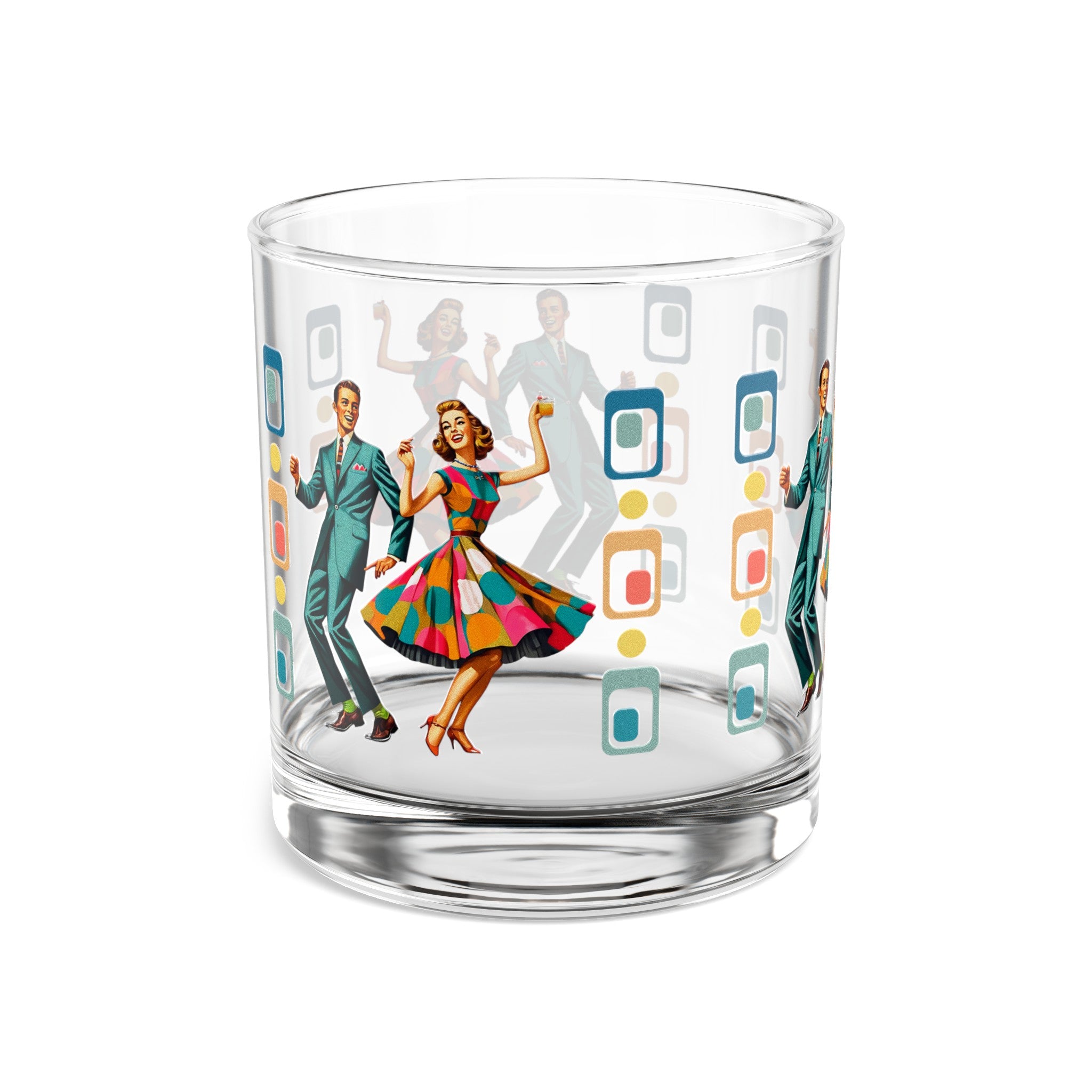 Mid Century Modern Couple, Kitschy Mod Barware Bourbon Rocks Glass, 10oz - Mid Century Modern Gal