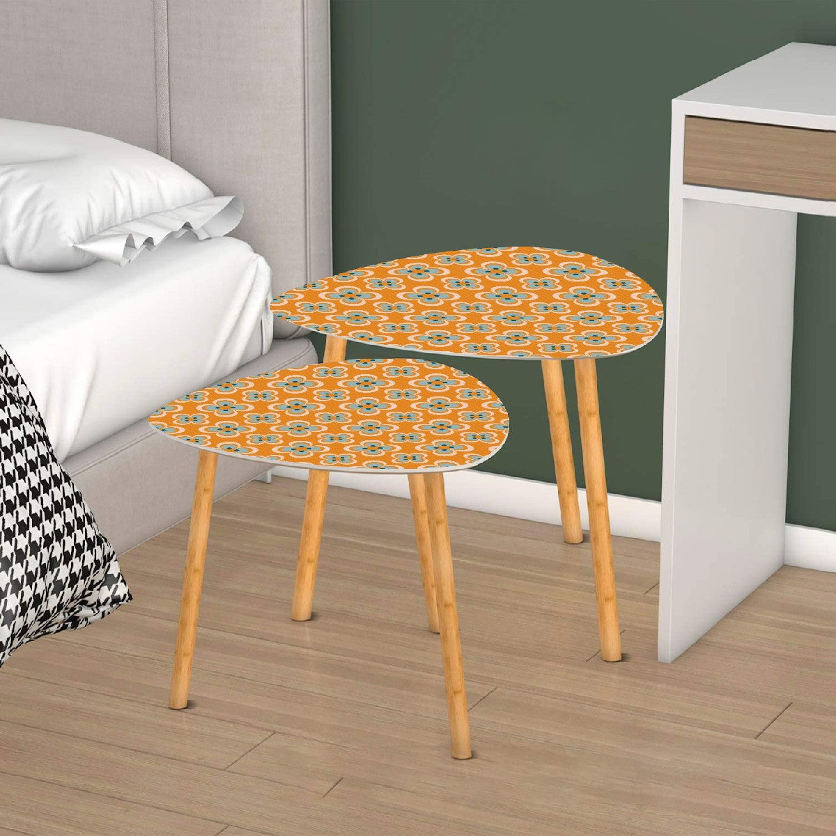 Modern Scandinavian Orange Blue Floral Mid Century Modern Nesting Tables - Mid Century Modern Gal
