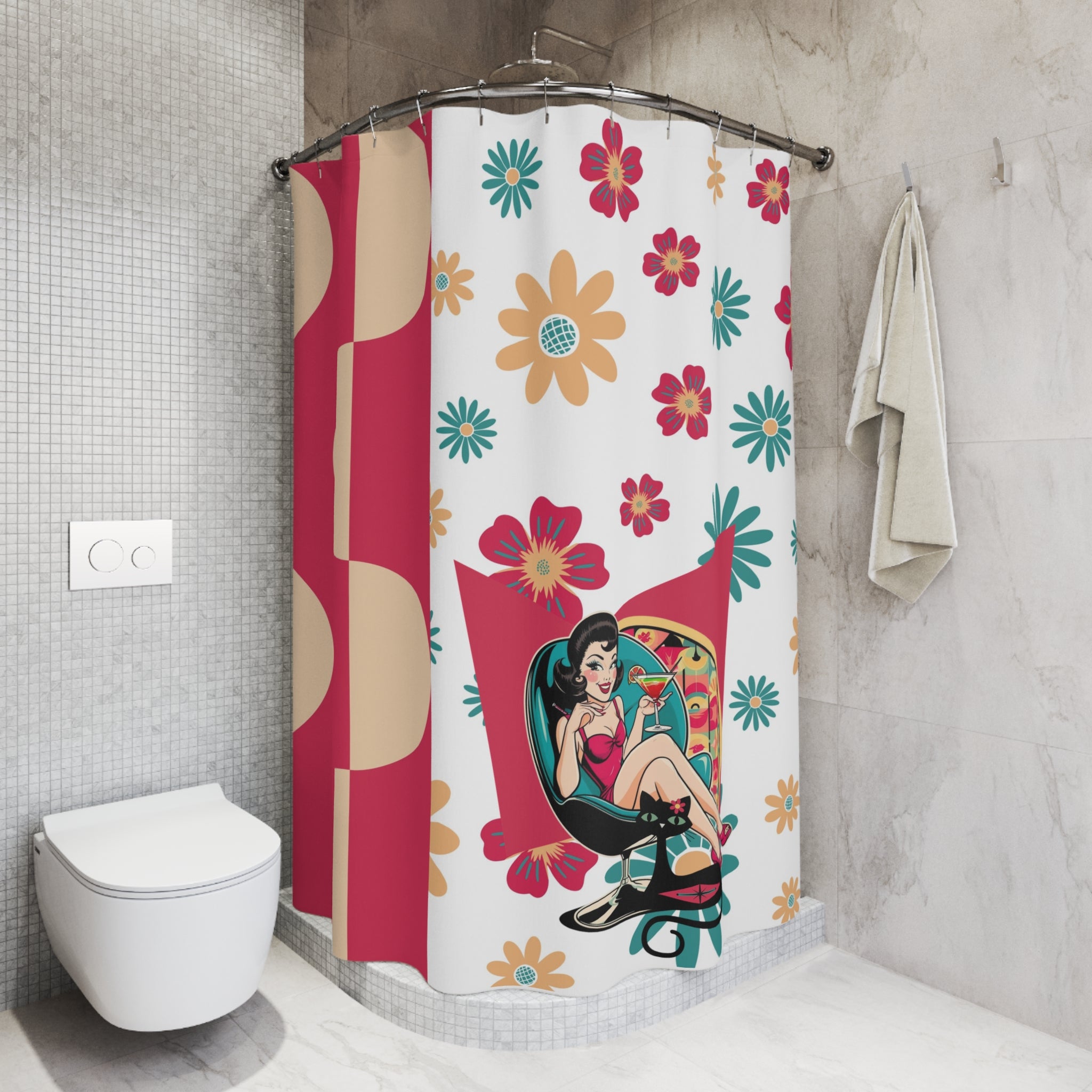 Mid Mod 60s Retro Gal Vintage Floral Shower Curtain | Retro Bathroom Decor | Boho Style - Mid Century Modern Gal