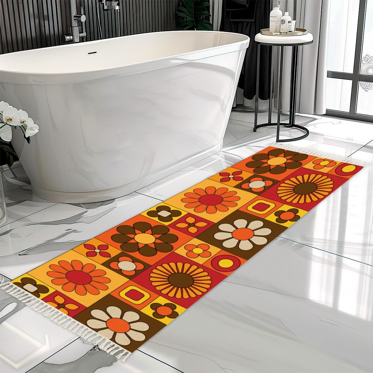 70s Boho Retro Groovy Flower Rug Runner with Tassels - Mid Century Modern Gal