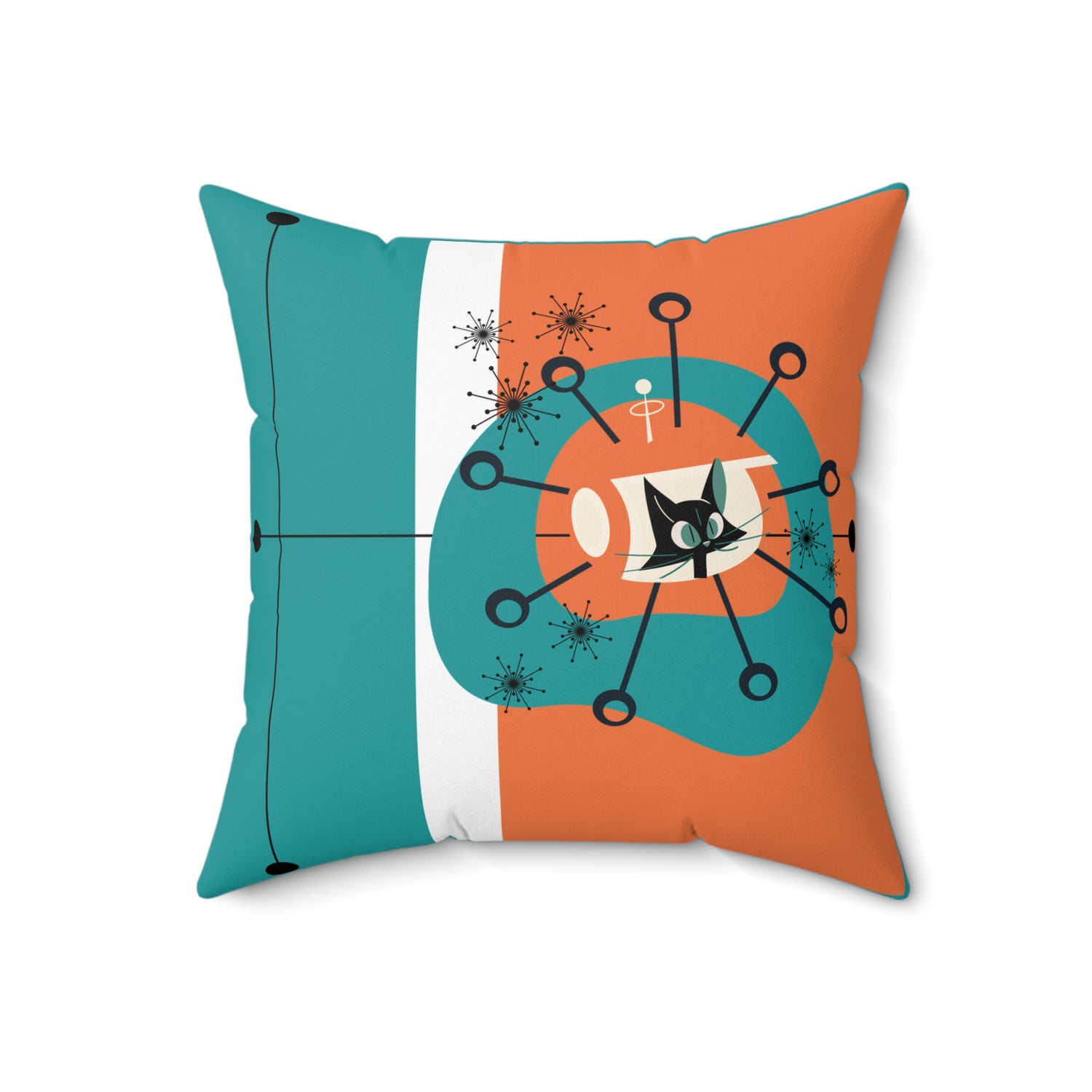 Atomic Space Kittie, Mid Century Modern Orange, Teal, White, Linear Lines, MCM Pillow And Cover - Mid Century Modern Gal