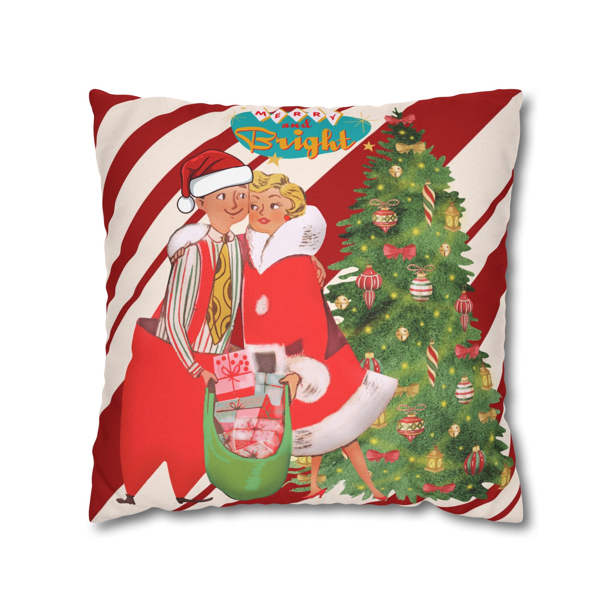 Retro Vintage Christmas Pillow Cover, Red And White Candy Cane Striped, Mid Century Modern Christmas Card Kitschy Holiday Throw - Mid Century Modern Gal