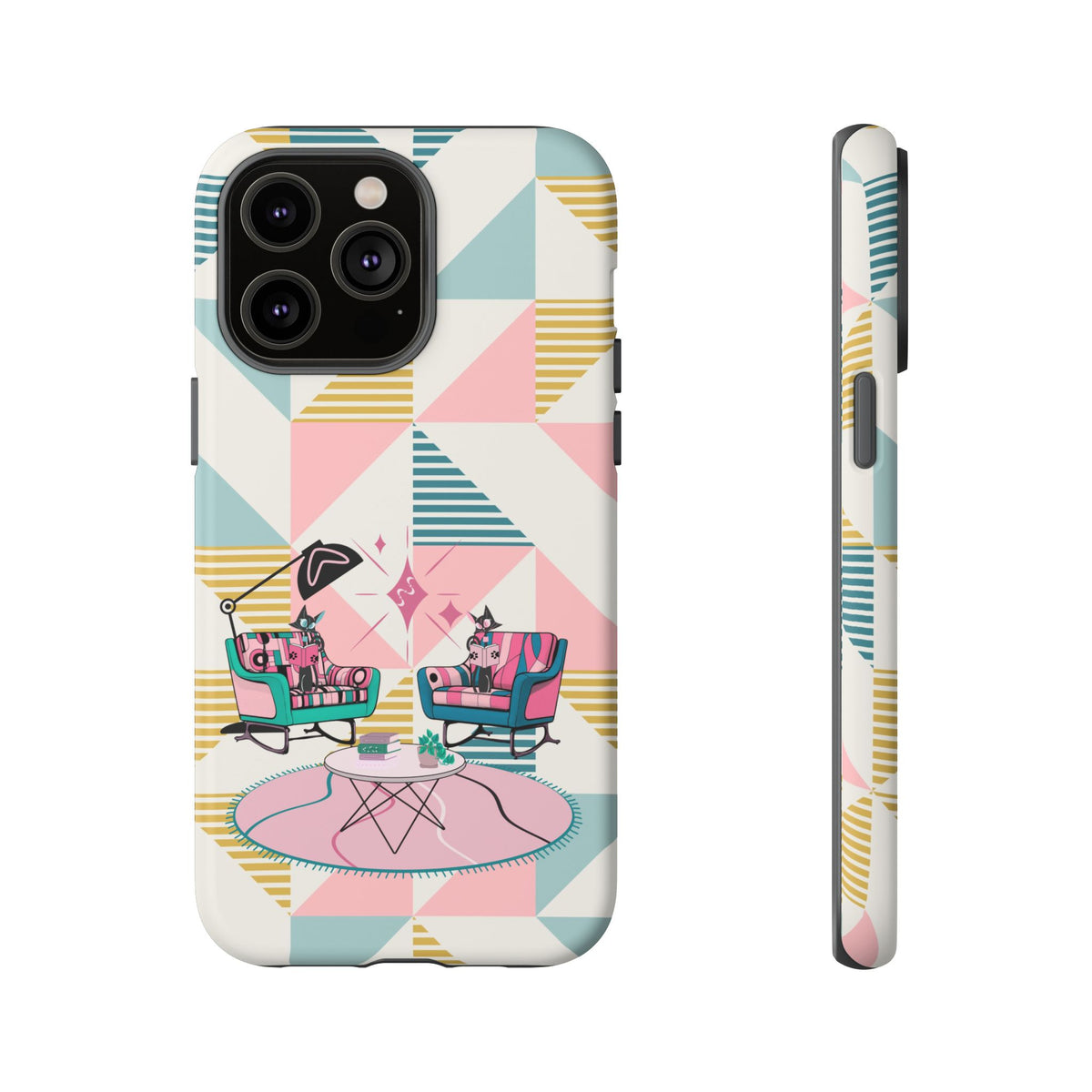 Atomic Cats Reading, Book Talk, Book Lover, Retro Chic Phone Case with Retro Vibe - Cozy Living Room Design - Mid Century Modern Gal