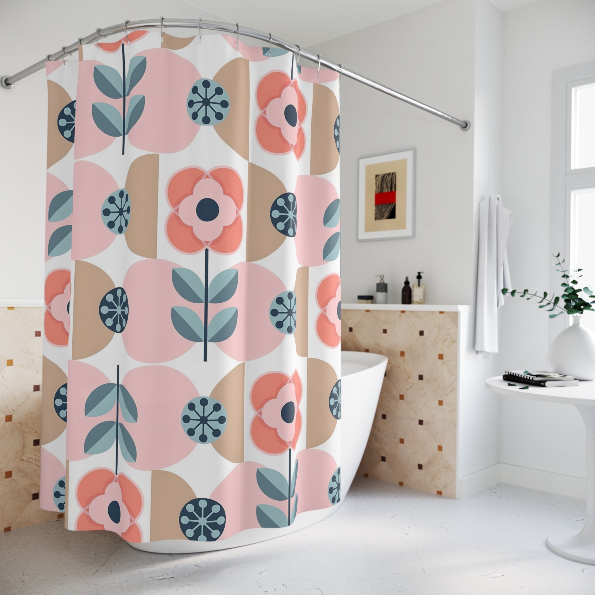 Scandinavian Designed Floral Shower Curtain, Pink, Blue, Retro Mod Bathroom Decor - Mid Century Modern Gal