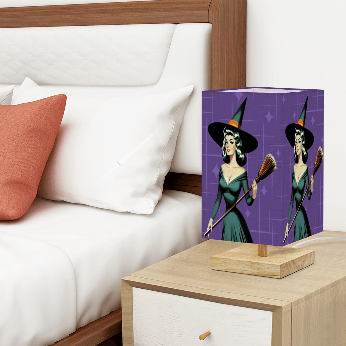 Mid Century Modern Vintage Pin Up Witch Purple Teal Halloween Square Table Lamp - Mid Century Modern Gal