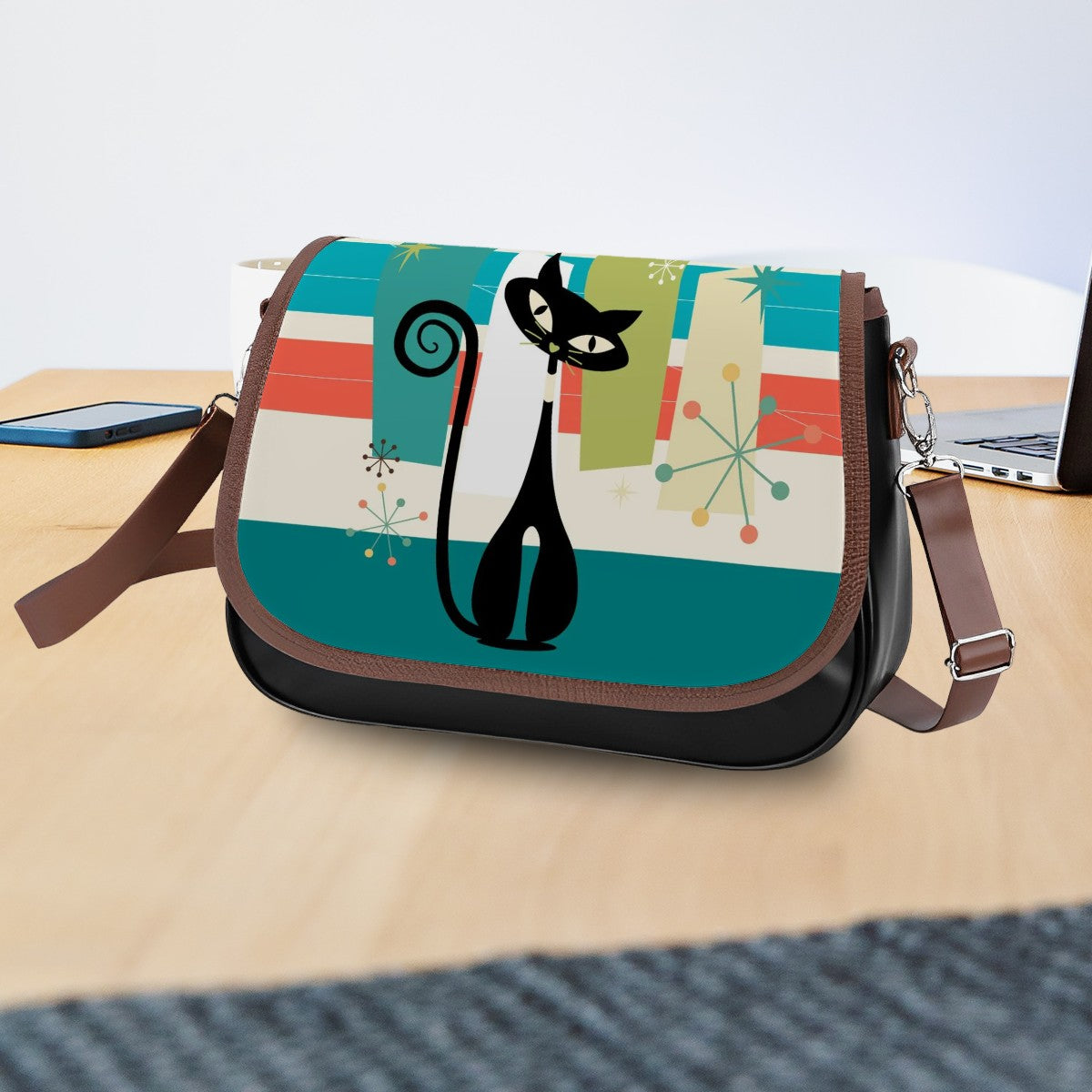 Atomic Cat Retro Trendy Crossbody, Shoulder Bag - Mid Century Modern Gal