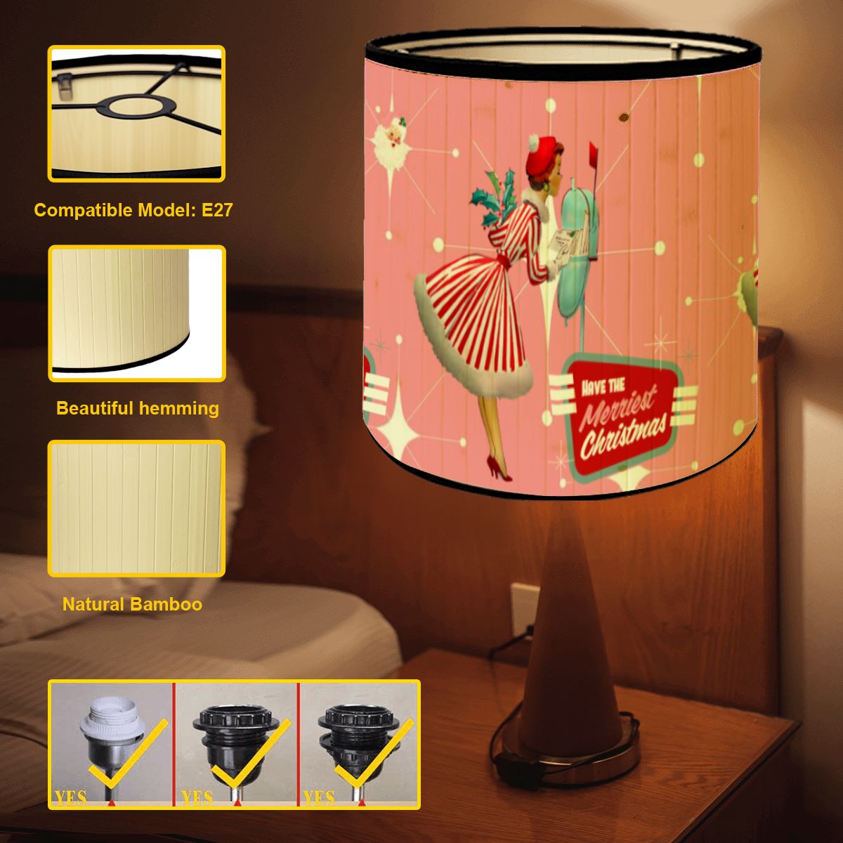 Kitschy Mid Mod Christmas Bamboo Drum Lampshade, Atomic Pink, Retro Santa Holiday Accent Shade - Mid Century Modern Gal