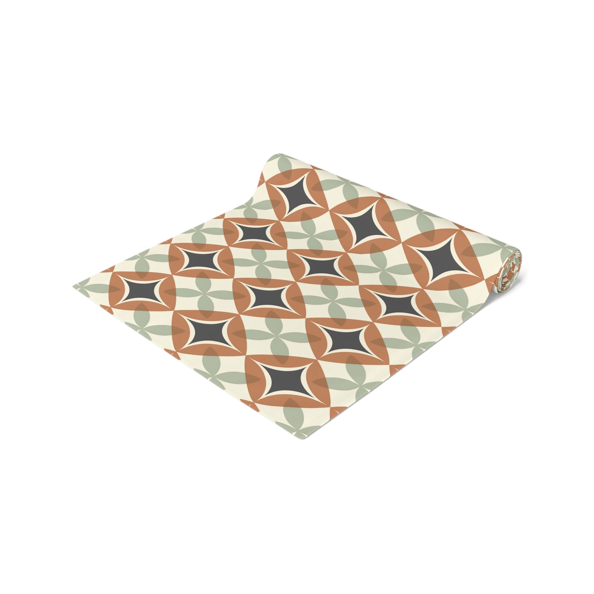 Mid Century Modern Interlocking Geometric, Terracotta Sage Charcoal Table Runner - Mid Century Modern Gal