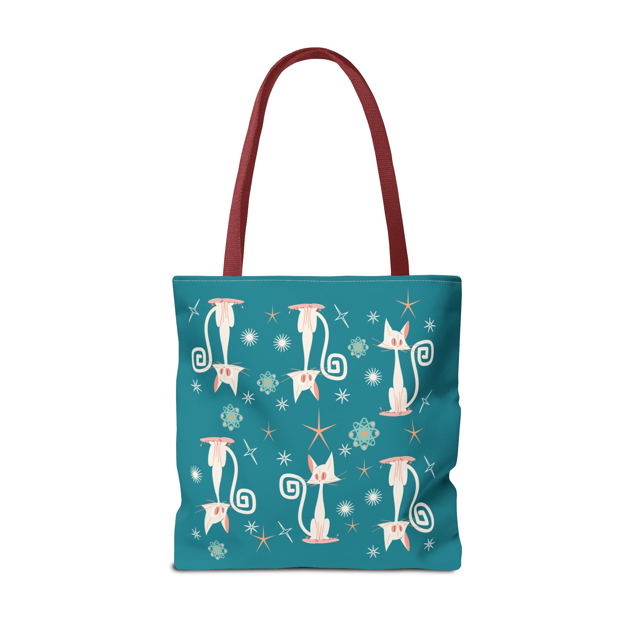 Atomic Kitties, White Kitschy Cats, Coral, Teal, Atomic Age Mid Century Modern Tote Bag - Mid Century Modern Gal