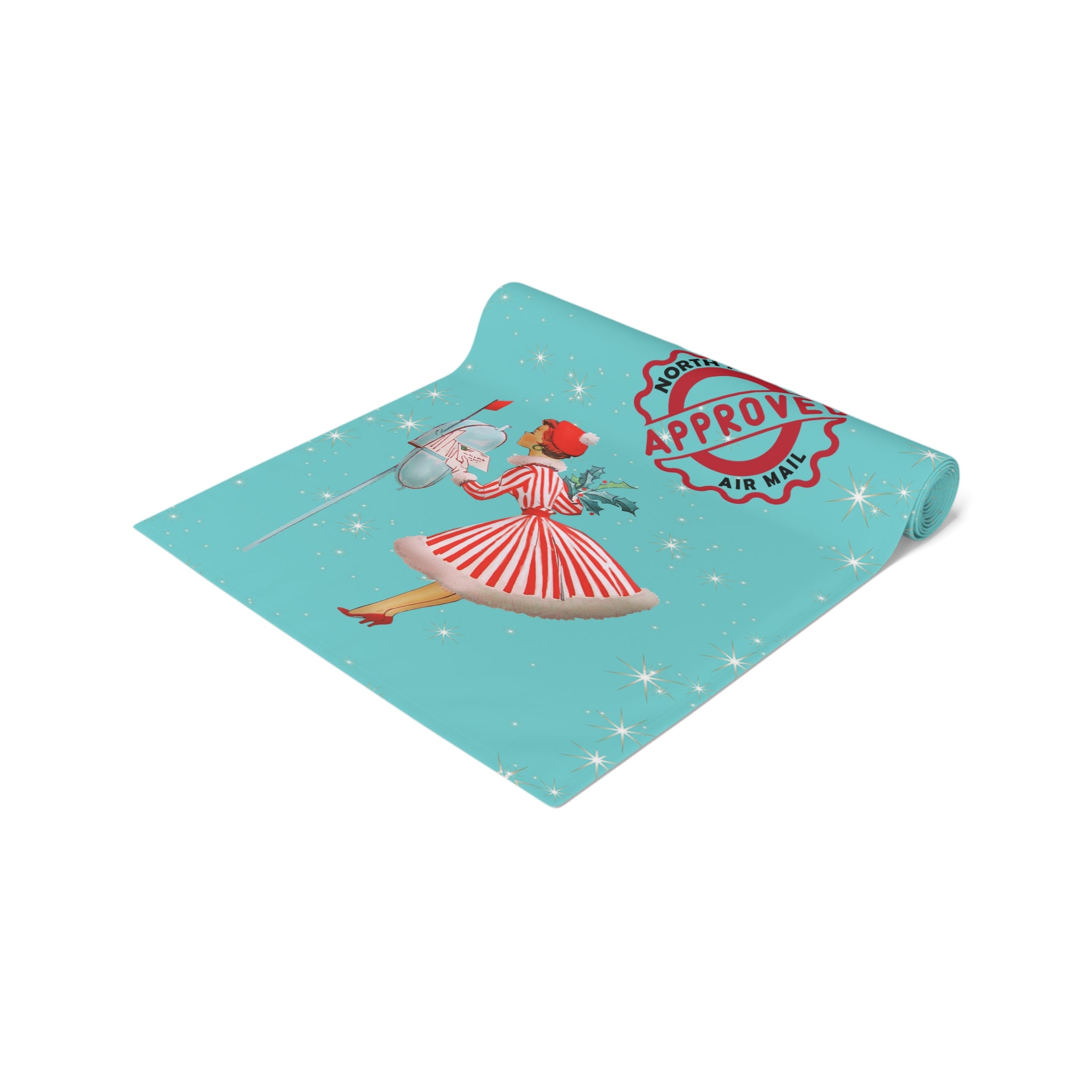 Whimsical 50s Retro Vintage Table Runner, Aqua Blue, North Pole Express, Vintage 50s Gal Holiday Christmas Table Linens - Mid Century Modern Gal