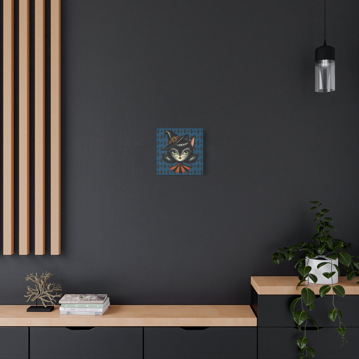 Vintage Halloween Black Cat Sexy Sexton Mid Century Modern Blue Matte Stretched Canvas Wall Art - Mid Century Modern Gal