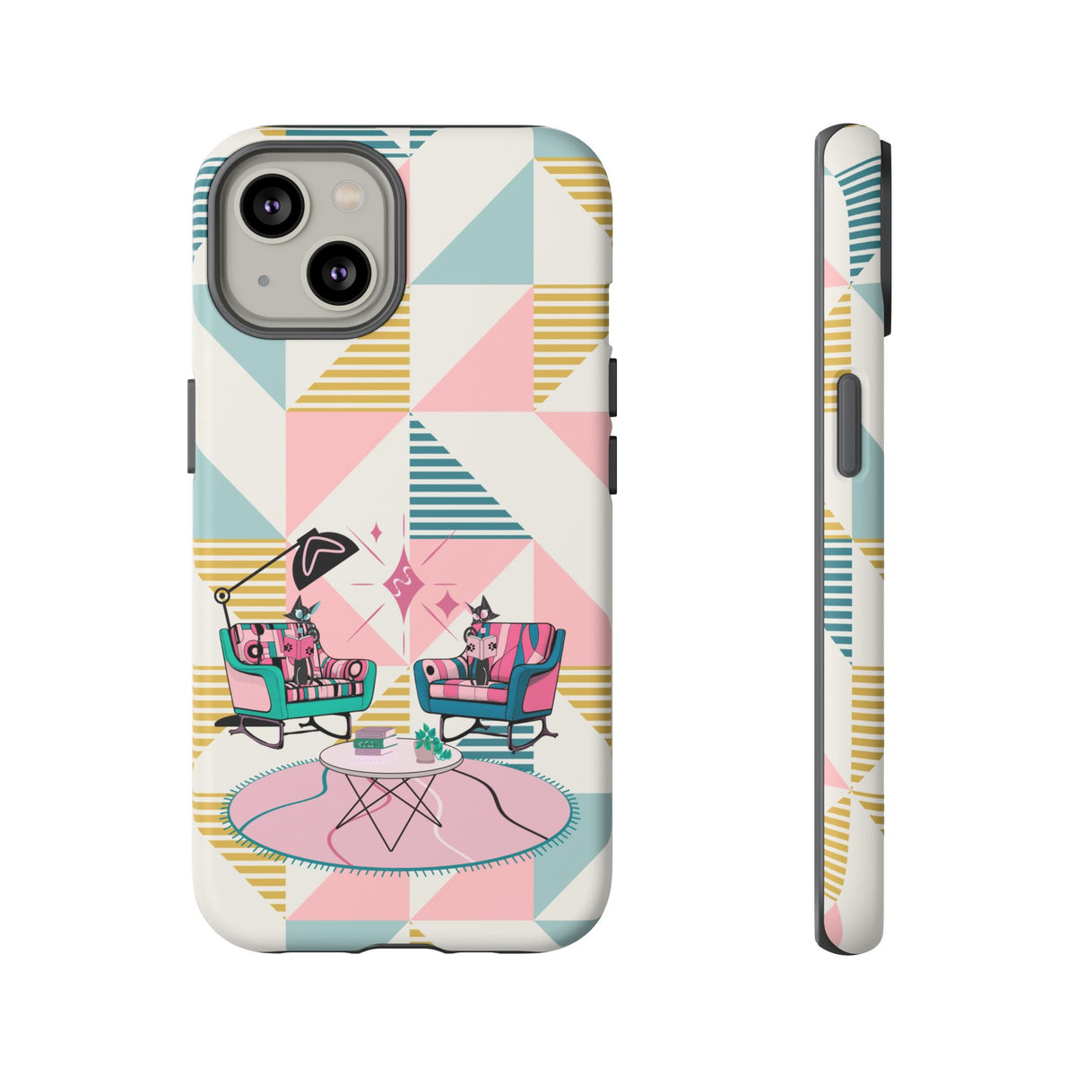 Atomic Cats Reading, Book Talk, Book Lover, Retro Chic Phone Case with Retro Vibe - Cozy Living Room Design - Mid Century Modern Gal